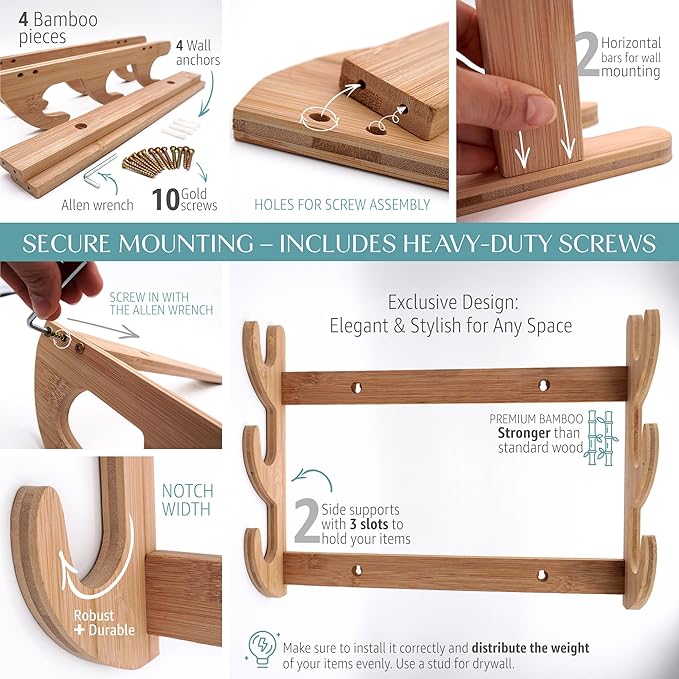 Wall Sword Holder 3 Tier - Bamboo Katana Wall Mount - Sword Mount for Secure Blade Display - Protects Swords, Easy Installation, Space-Saving Design for Home Decor