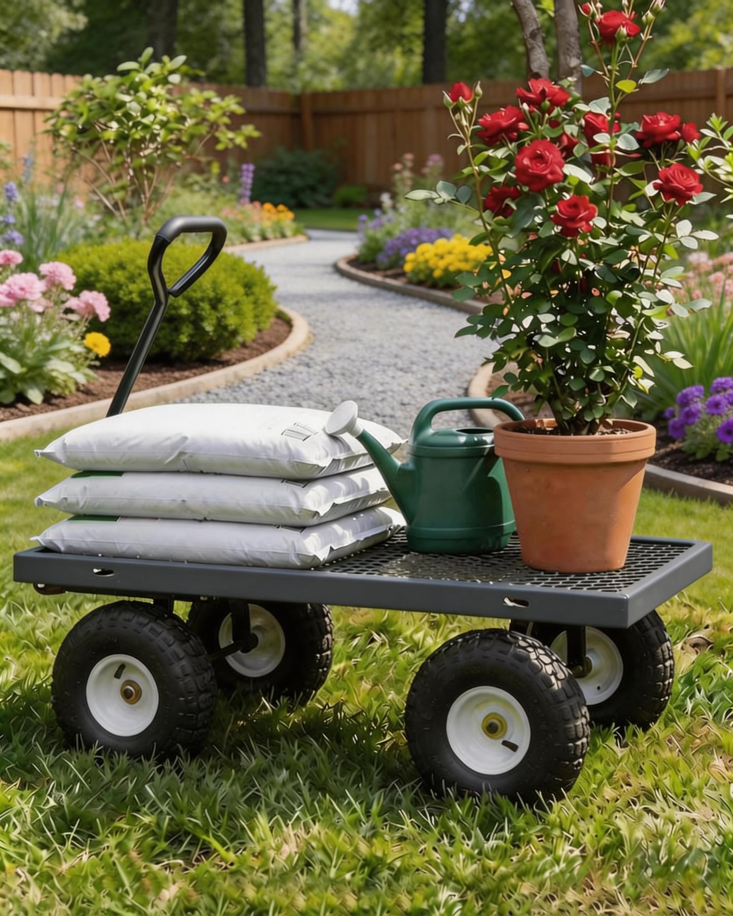 GarveeTech 800LBS Heavy Duty Steel Garden Cart, Garden Wagon Cart on Wheels, Metal Yard Utility Wagon with Removable Mesh Sides, 10" All Terrain Tires, 180° Rotating Handle for Lawn, Garden, Farm