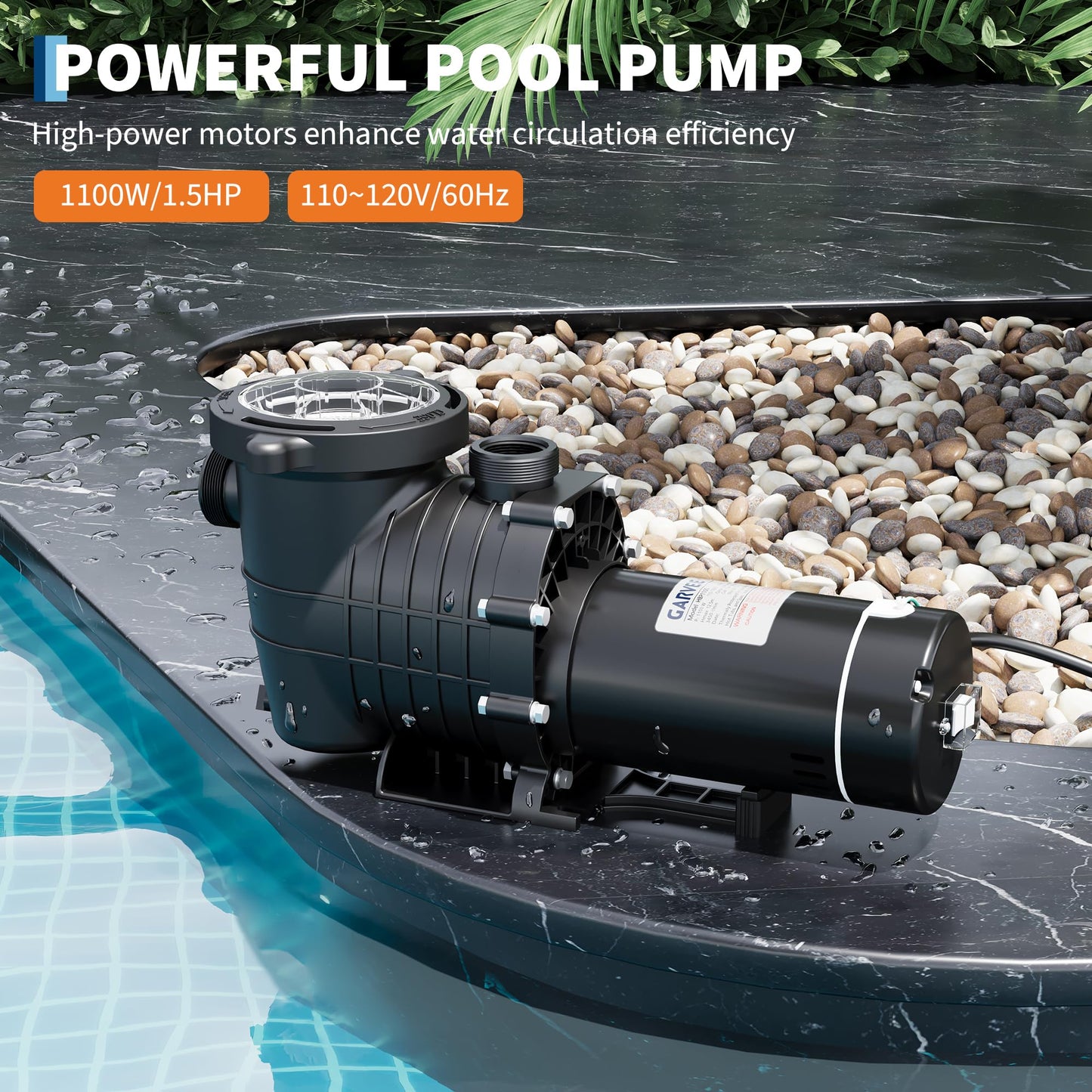 Garvee 1.5 HP Swimming Pool Pump 1100W 110-120V Single Voltage Pumps with Strainer Basket for Above-ground and In-ground, 6000 GPH Max. Flow