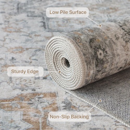 GENIMO 5X7 Area Rug - Machine Washable, Non-Slip Vintage Chenille Print for Living Room & Bedroom - Light Taupe Brown