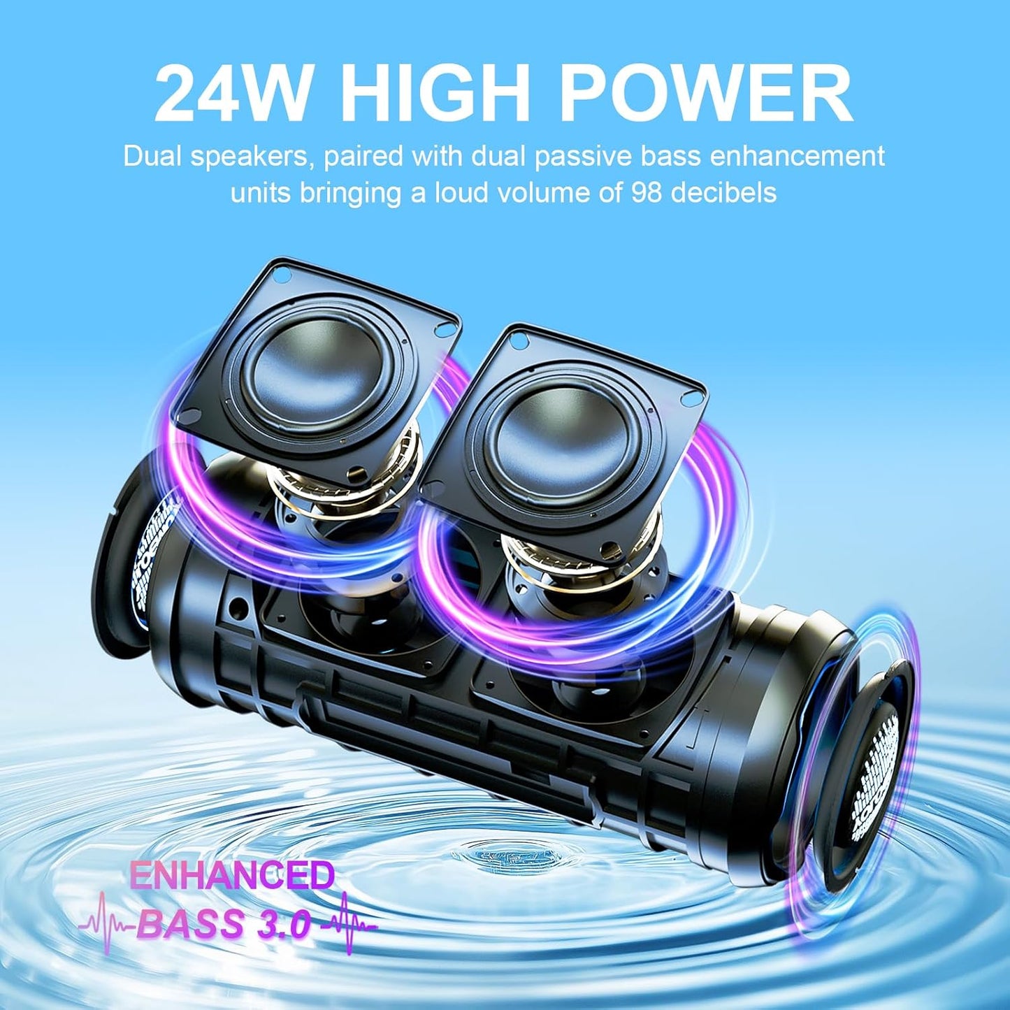 YOLOEMOT 24W IPX7 12H Portable Bluetooth Speaker, Deep Bass, Waterproof, TWS Pairing, RGB Lights, Playtime, Outdoor