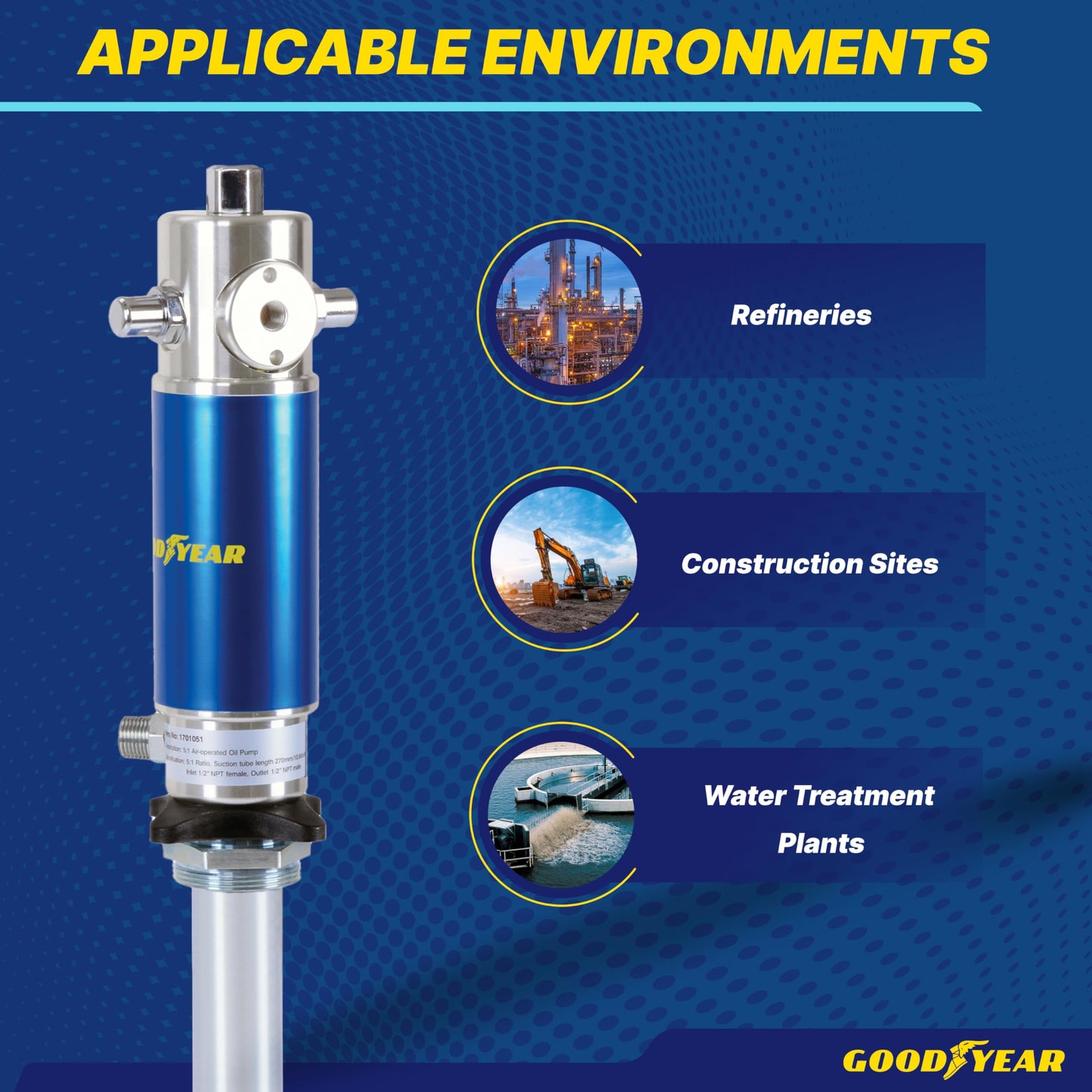 Goodyear Oil Transfer Pump Air Operated Pneumatic 3.7GPM / 14LPM PRO Heavy Duty Double Action 5:1 Fast High Flow Rate for SAE240 Oils/Fluids (NOT for Gasoline or Diesel)