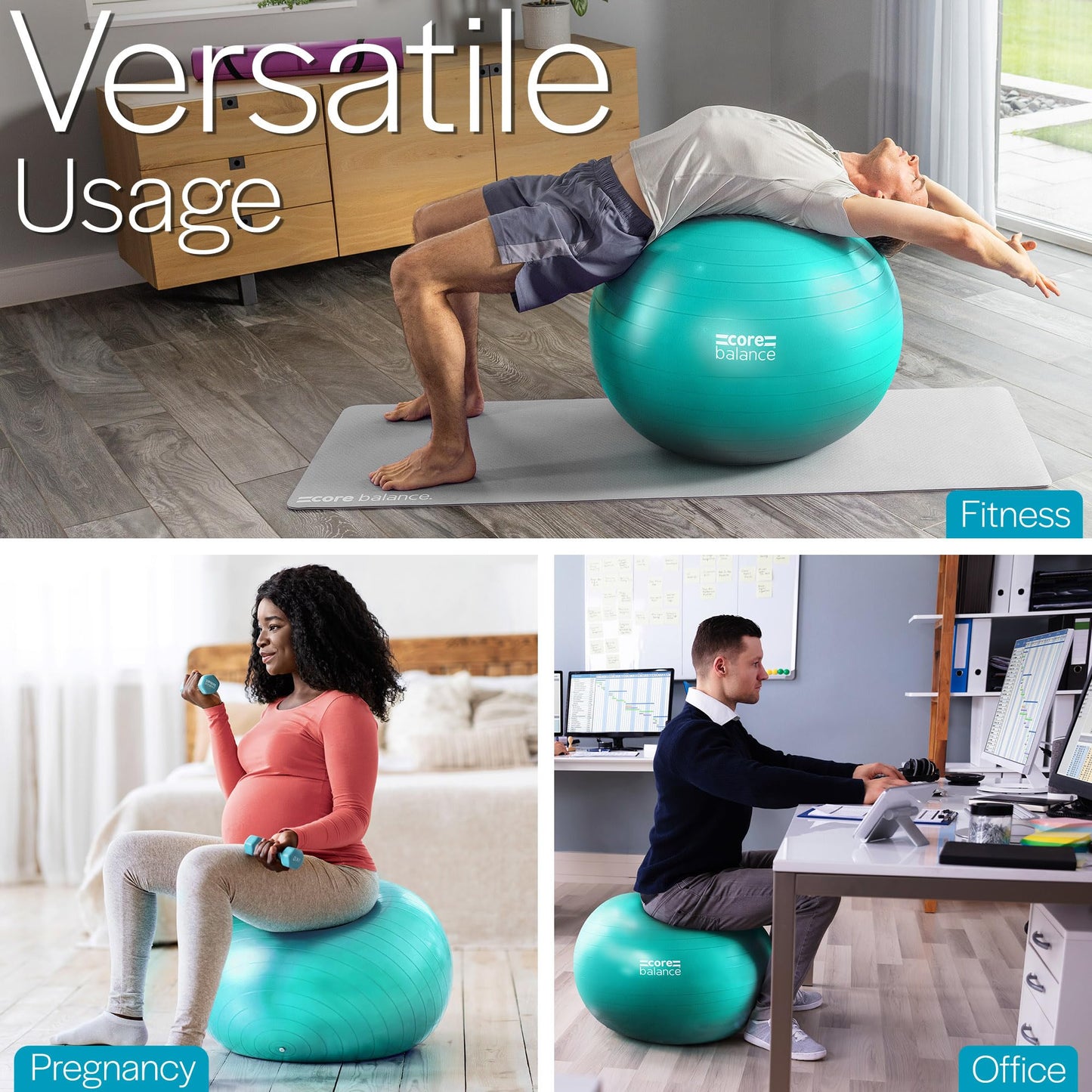 Core Balance Exercise Ball for Workouts, Anti-Burst and Slip Resistant, Swiss Yoga Ball for Pregnancy, Stability, Fitness and Physical Therapy, 4 Sizes, with Pump (33" / 85cm Teal)