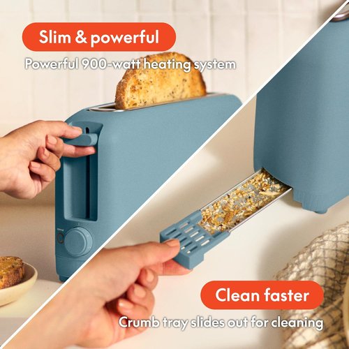 Bella 2-Slice Slim Toaster - 6 Shade Settings, Reheat & Cancel Functions | Fits Sourdough, 10” Long Slot, Surf Color