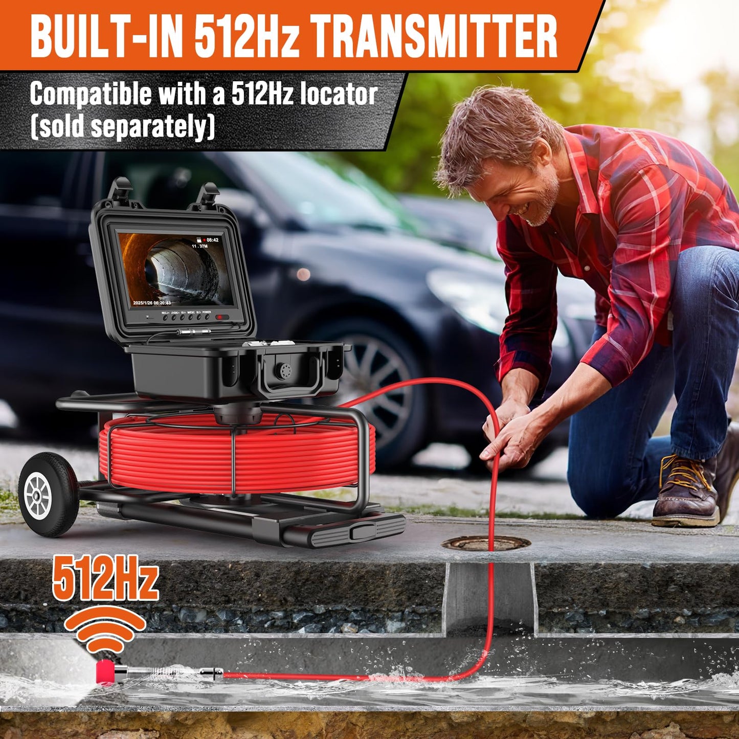 Sewer Camera 230ft, Drain Camera with Self-Leveling, Distance Counter, 512Hz Sonde, 9" HD Plumbing Cameras with 12 LED Lights, IP68 & 32GB DVR, Industrial Endoscope for Duct Sewer Line Pipe Inspection