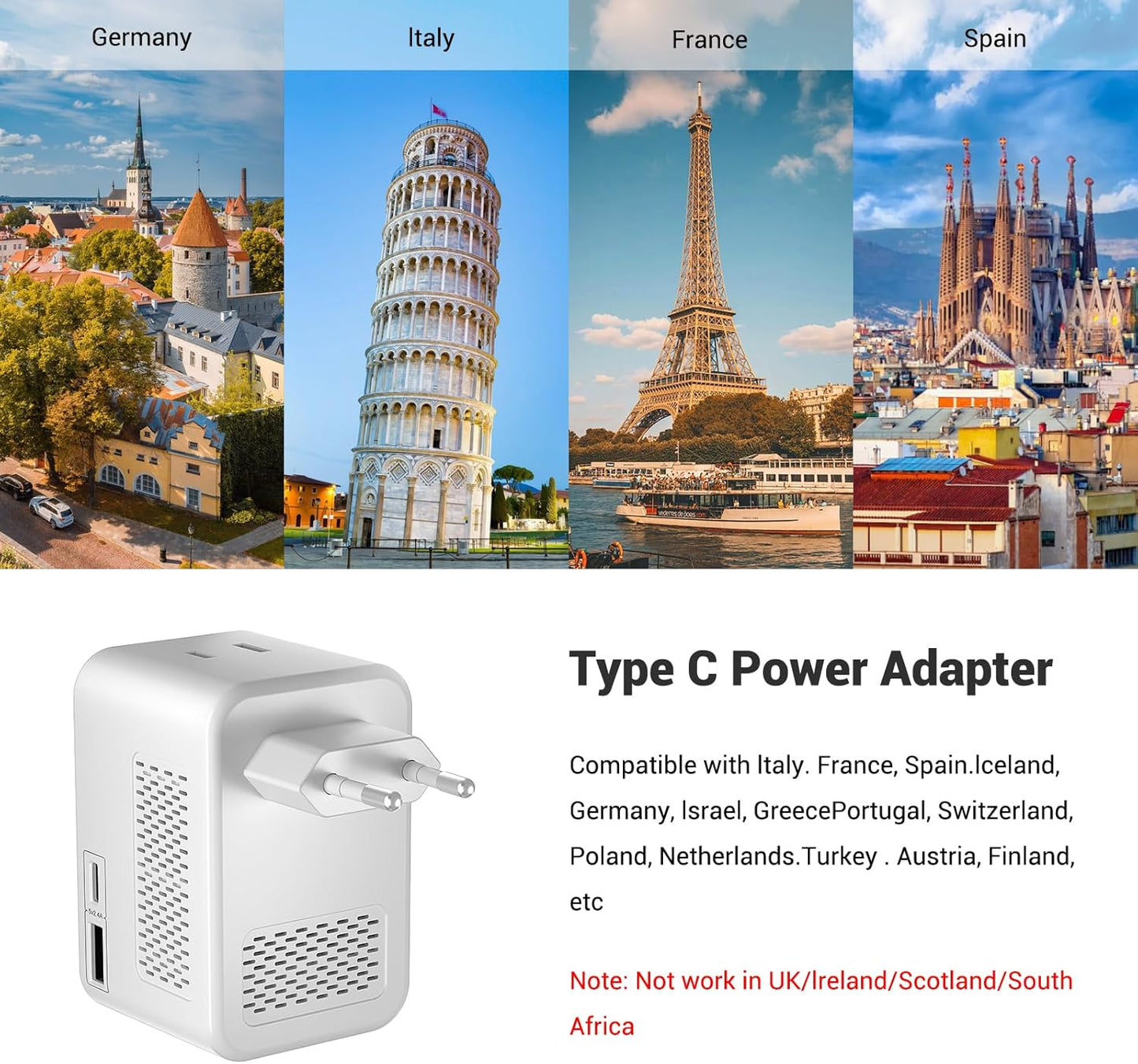 SARQW 220V 110V 2 2 20 2 to Voltage Conversion Plug Adapter for Traveling from USA to Europe with USB and USBC Ports PD