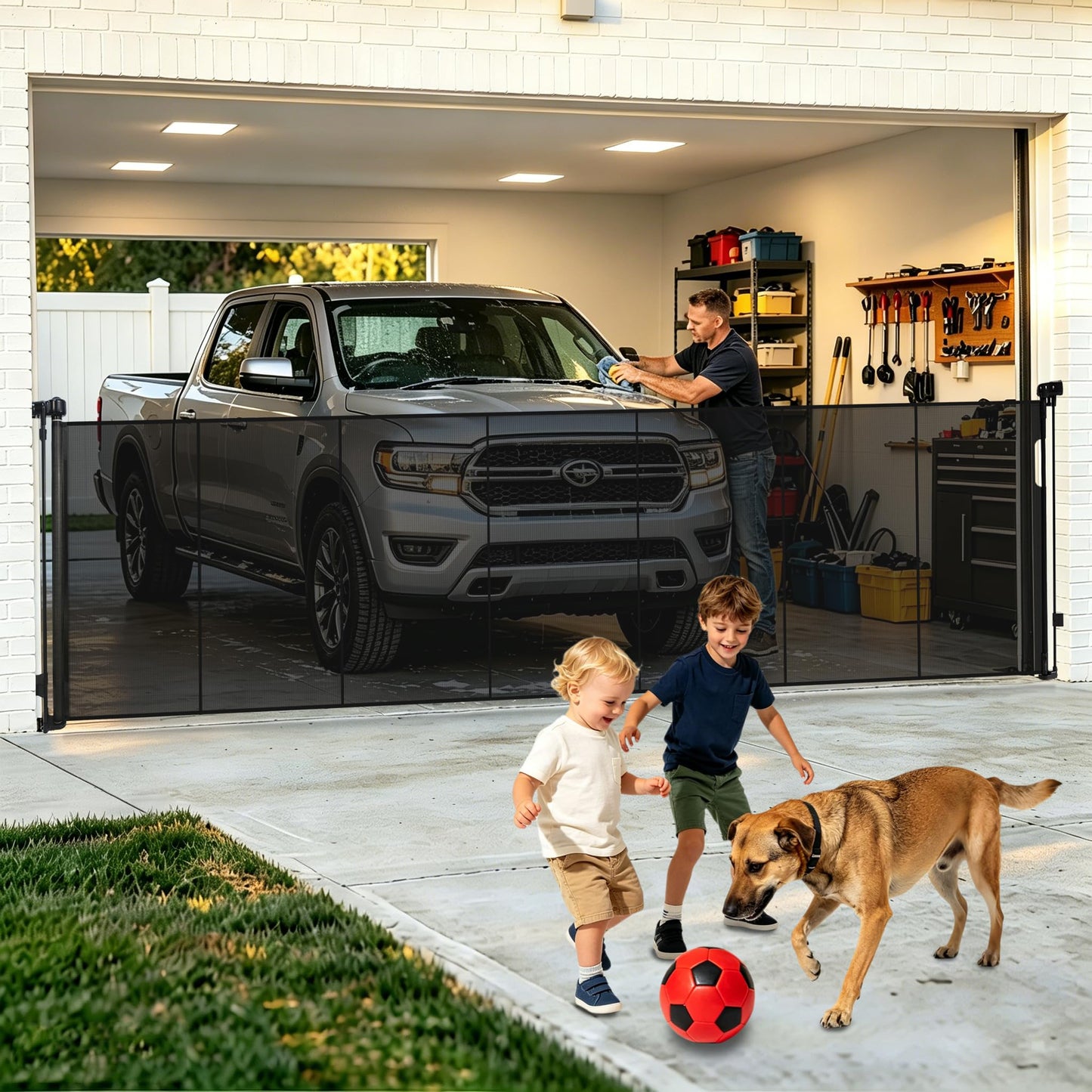 160" Extra Wide Retractable Baby Gates, 42" Extra Tall Retractable Dog Gate Pet Gate with Support Rods, Long Mesh Screen Child Safety Gate for Garage Doorways Hallways Deck Porch, Outdoor Indoor Use