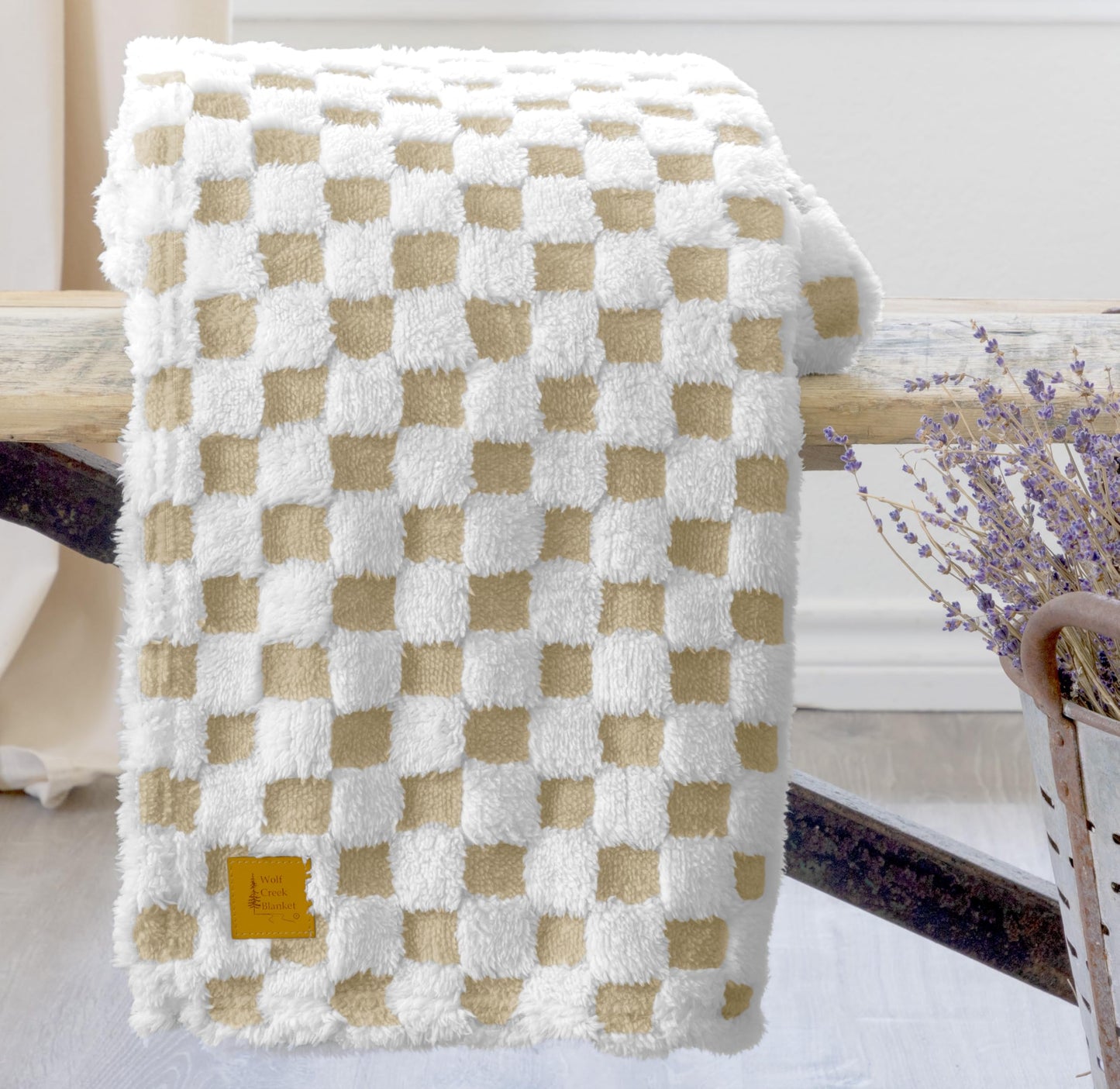 Beige & White Fuzzy Fuzzy Fun 3D Checkered Throw Blanket – Ultra Soft Shaggy Fleece for Cozy Comfort. Beautiful Gift for Women with Style 50 x 65 inches.