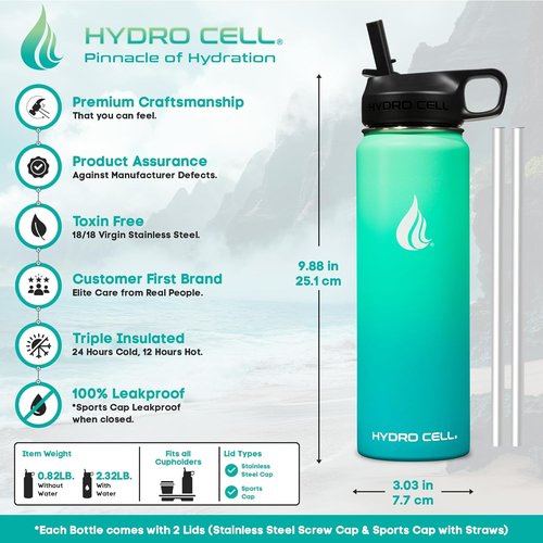 HYDRO CELL Stainless Steel Insulated Water Bottle - Versatile for Hot & Cold Drinks | 24oz Mint Green Thermos