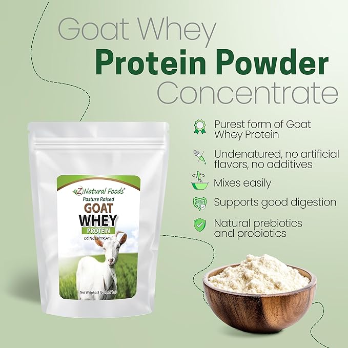 Z Natural Foods Goat Whey Protein Powder Concentrate - Undenatured, Unflavored, Pasture Raised Whey - Clean Goat Protein Powder with Vital Proteins for Weight Management, Immune Support, Fitness, 5 lb