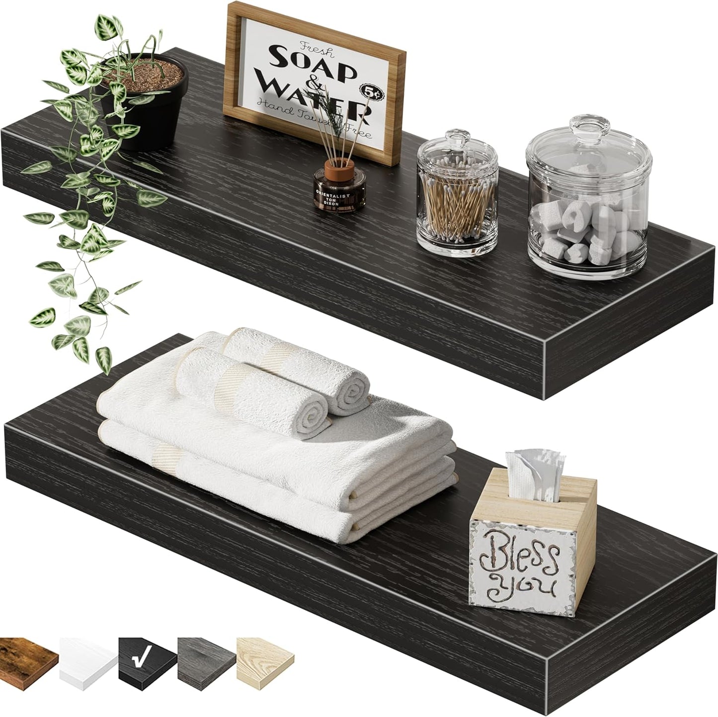 QEEIG Floating Bathroom Shelves - Wall-Mounted Farmhouse Decor | Set of 2, 15.7" x 6.7", Black