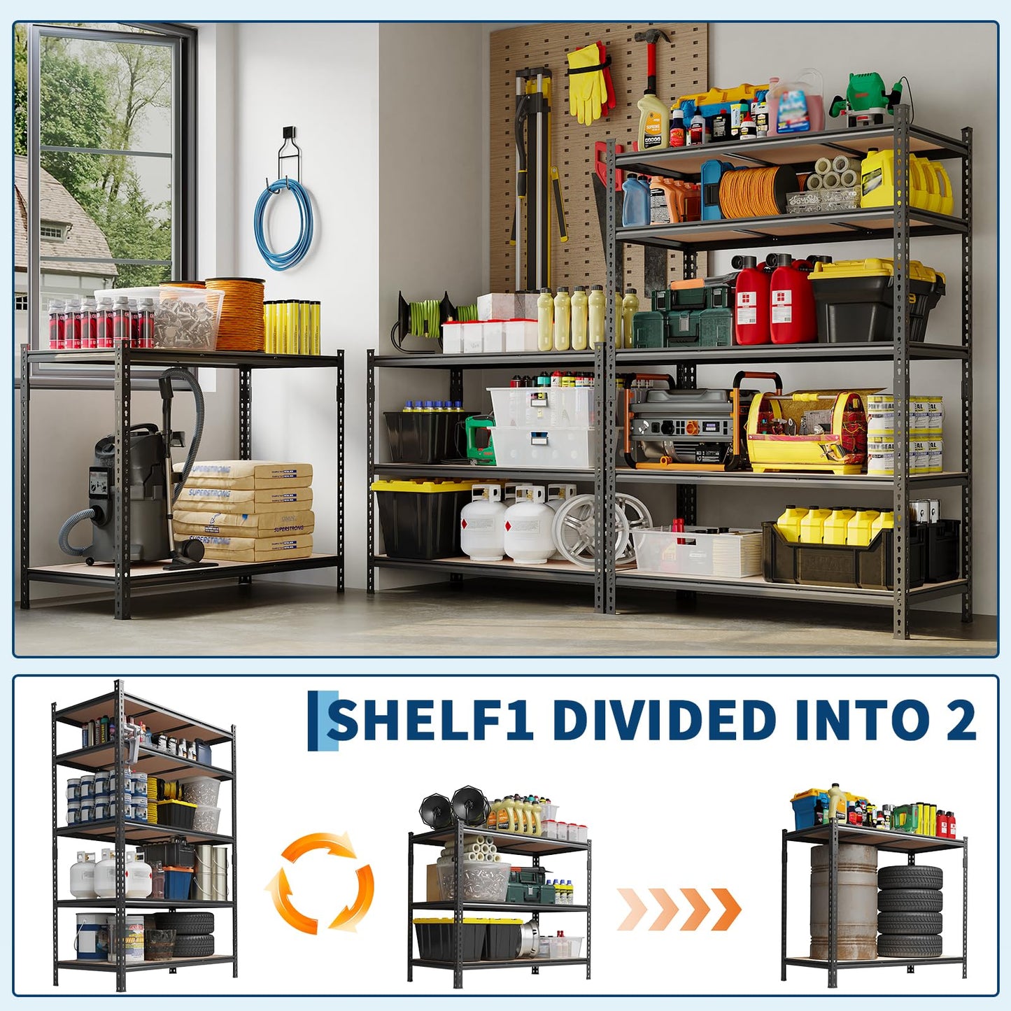 Garvee Storage Shelves 5 Tier Garage Shelving Heavy Duty Adjustable Metal Shelving Unit, Garage Shelves for Basement, Warehouse, Pantry, Closet, Kitchen 72" H x 35.5" W x 12" D, Black,4 Pack