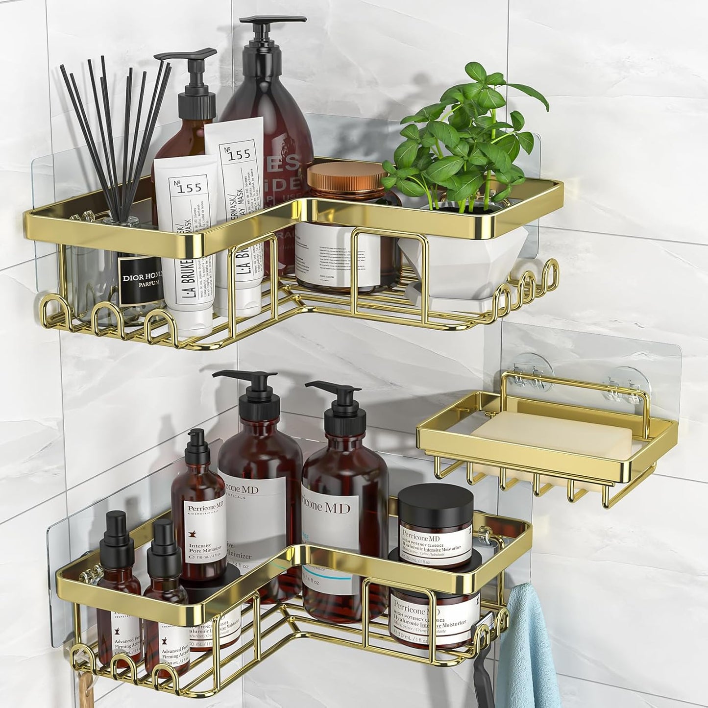 YASONIC Corner Shower Caddy - 3-Pack Adhesive Bathroom Organizer with Soap Holder & 12 Hooks | Rustproof Stainless Steel, Gold