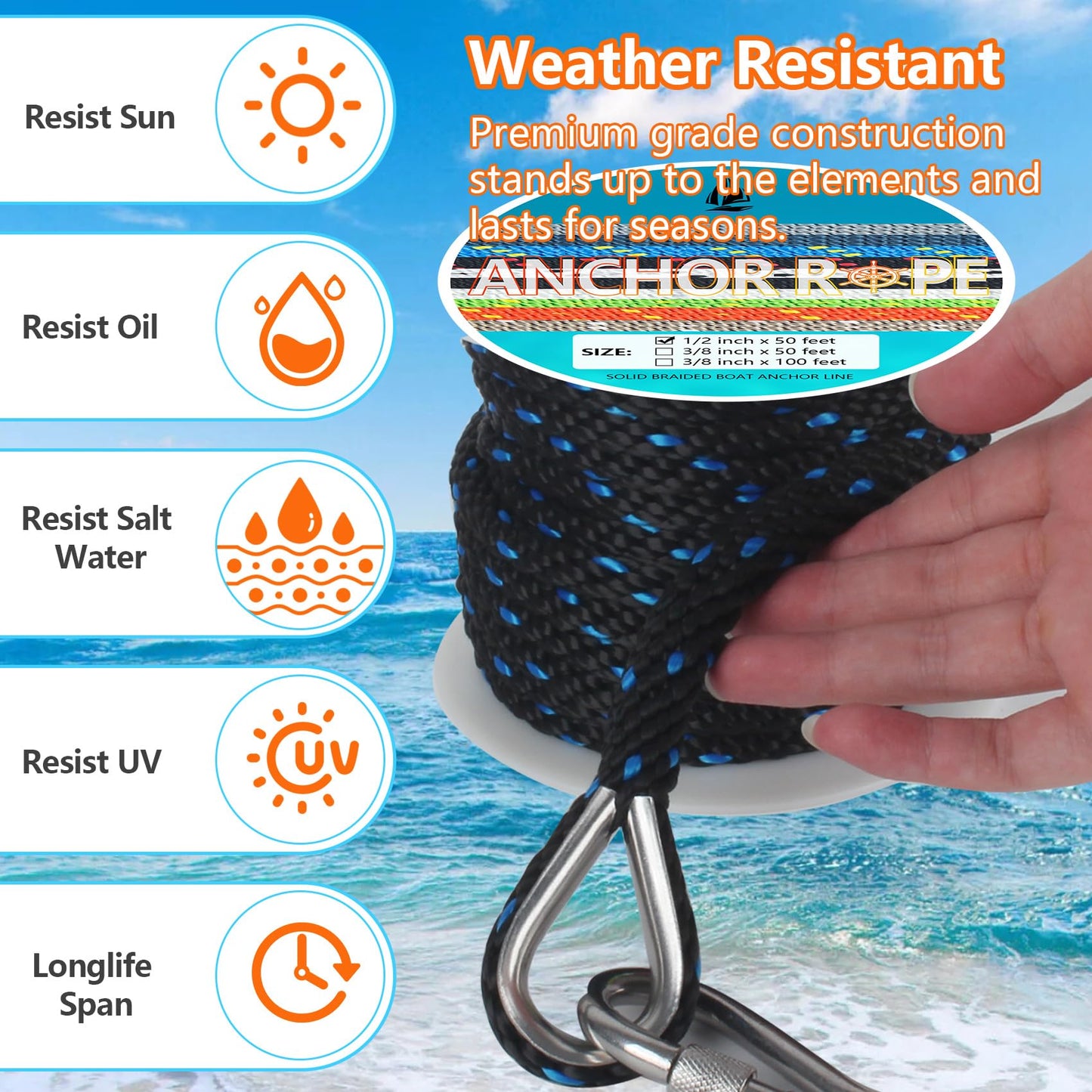 1/2 Inch 50 FT Anchor Rope, Boat Anchor Rope Solid Braid MFP, Anchor Line with 316 Stainless Steel Thimble and Snap Hook - Black & Lake Blue