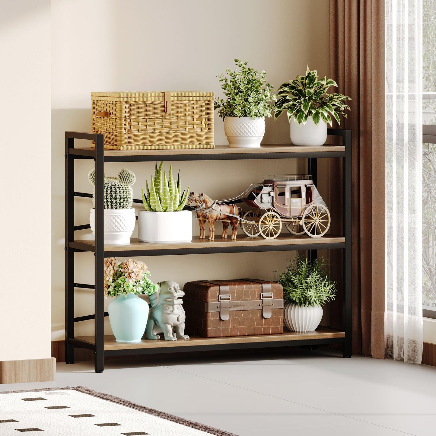 3 Tier Bookshelf 39.37" Width, Dorm Desk Hutch, Desk Shelf, Long Industrial Bookcase, Wooden Large Book Shelf for School Home Living Room Bedroom Office Storage(Light Coffee)