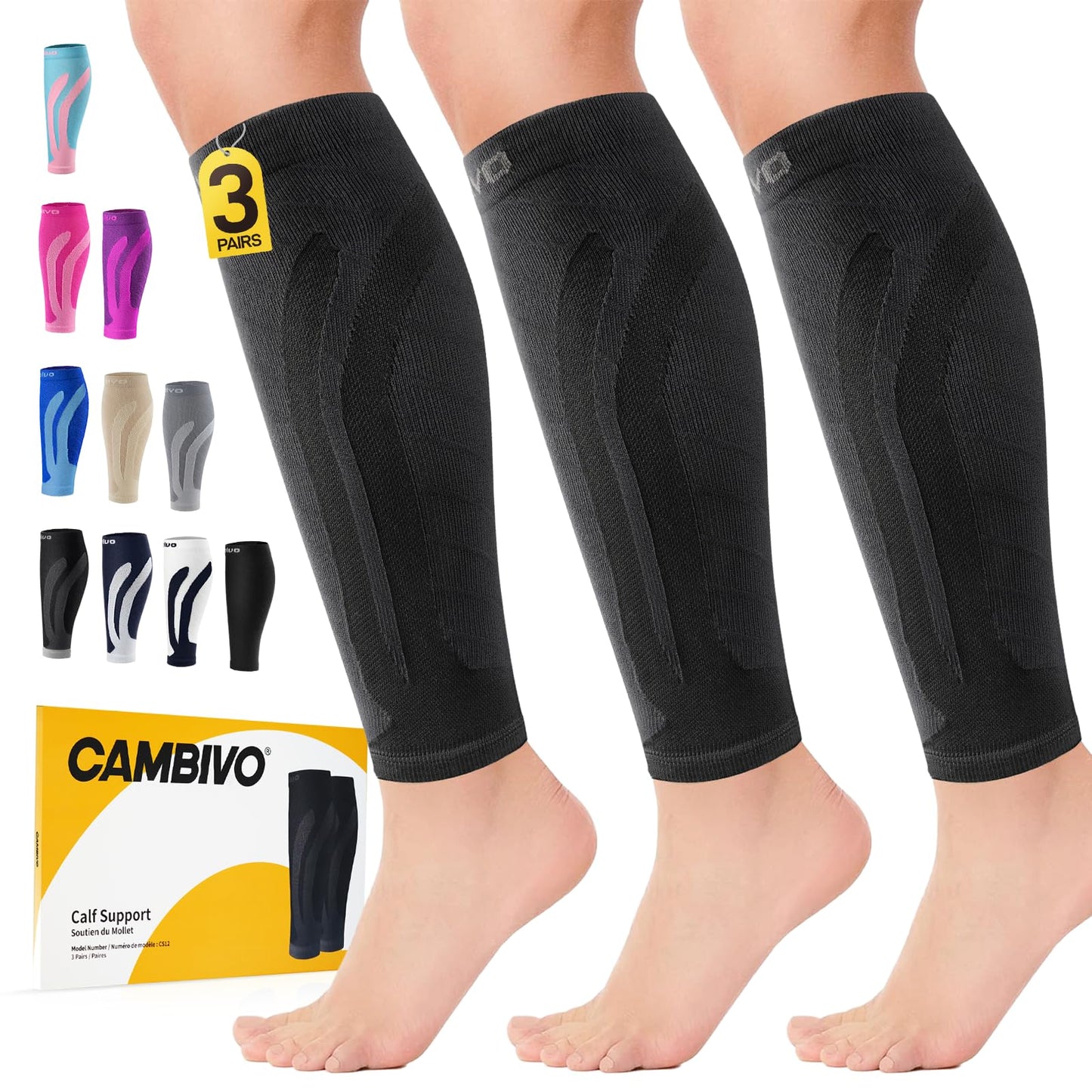 Cambivo 3 Pairs Calf Compression Sleeve for Women and Men,Leg Brace for Running, Cycling, Shin Splint Support for Working out(Black, Large-X-Large)