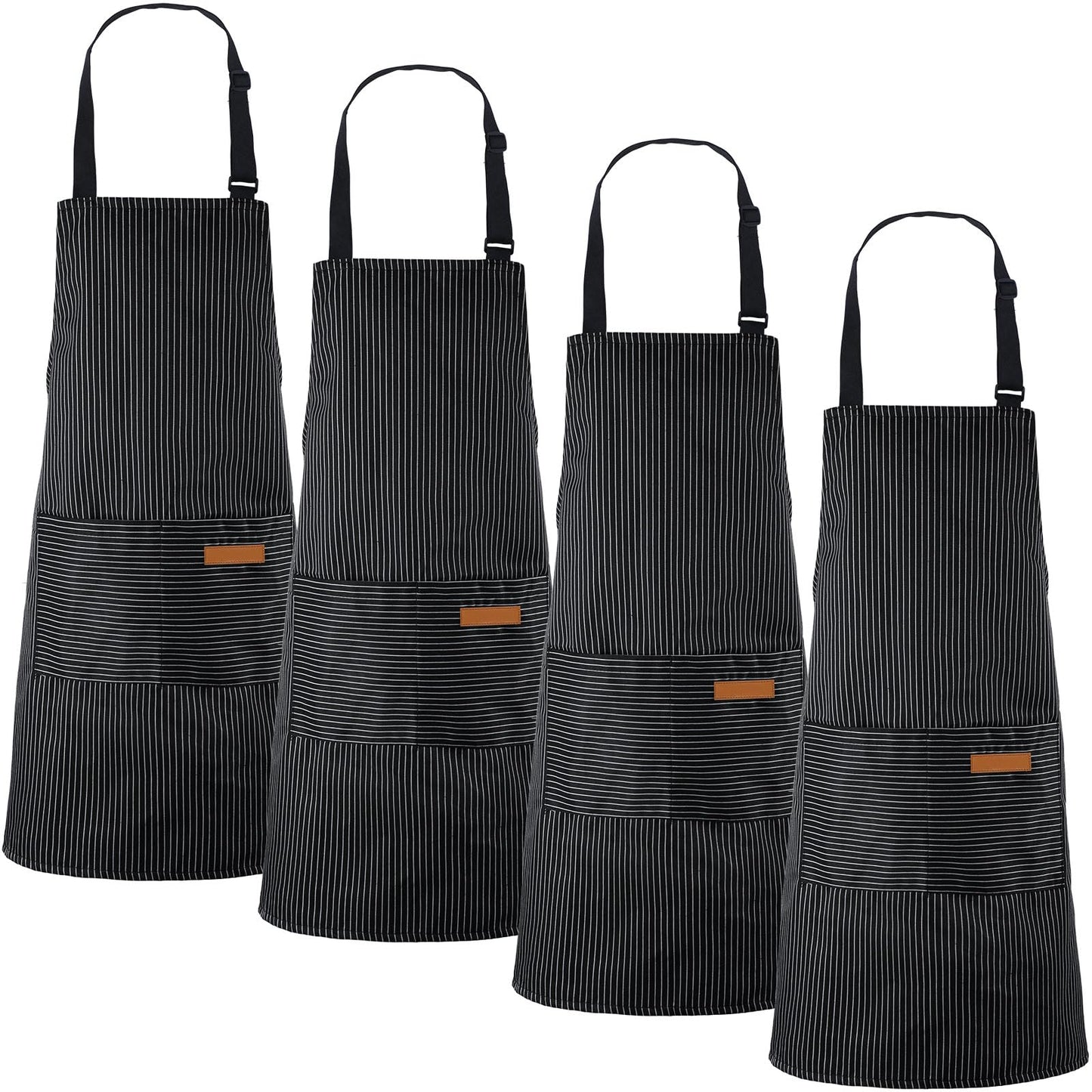 Handepo 4 Pcs Kitchen Aprons with Pockets Adjustable Waterproof Cotton Aprons Striped Apron for Women Men Chef Gift for Dad(Narrow Stripes,Black)