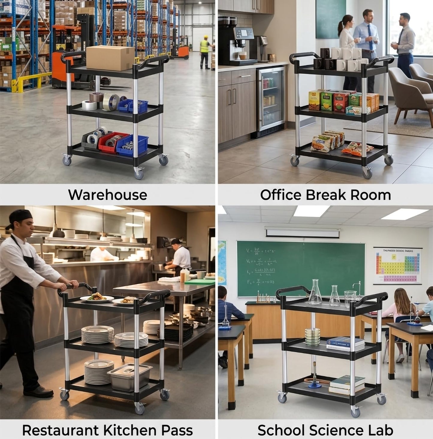 17Tek 3-Tier Rolling Utility Cart with Wheels,4 Lockable Casters, Plastic Service Cart with 510lbs Capacity, Commercial Service Cart on Wheels for Restaurant/Office/Warehouse/Kitchen/School, Black