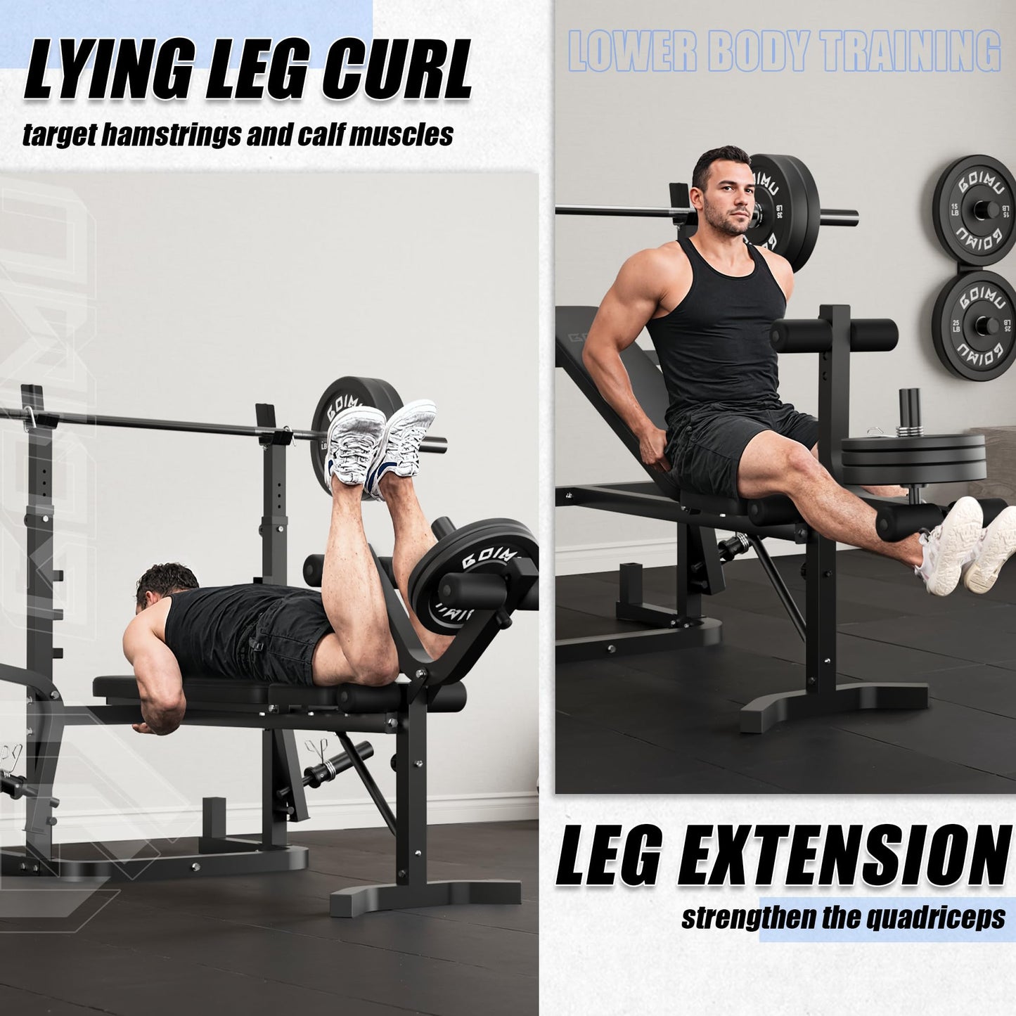 Goimu Z3 900LBS Olympic Weight Bench Set with Leg Extension, 9 in 1 Workout Press with Preacher Curl Pad and LAT Pulldown, Strength Training Bench for Home Gym (100lbs Colorful Plates and Bench)