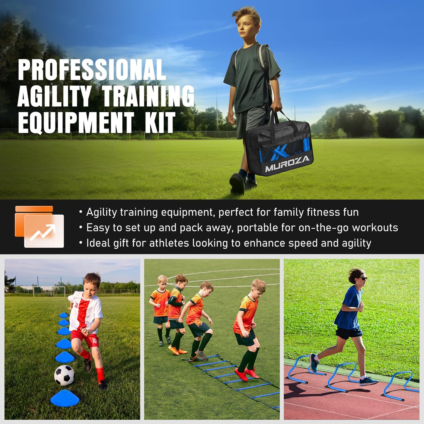 MUROZA Agility Ladder, Football Training Equipment Set, 20ft Speed Ladder, 12 Soccer Cones, 4 Hurdles, Jump Rope, Running Parachute, Soccer Football Basketball Training Equipment Accessories