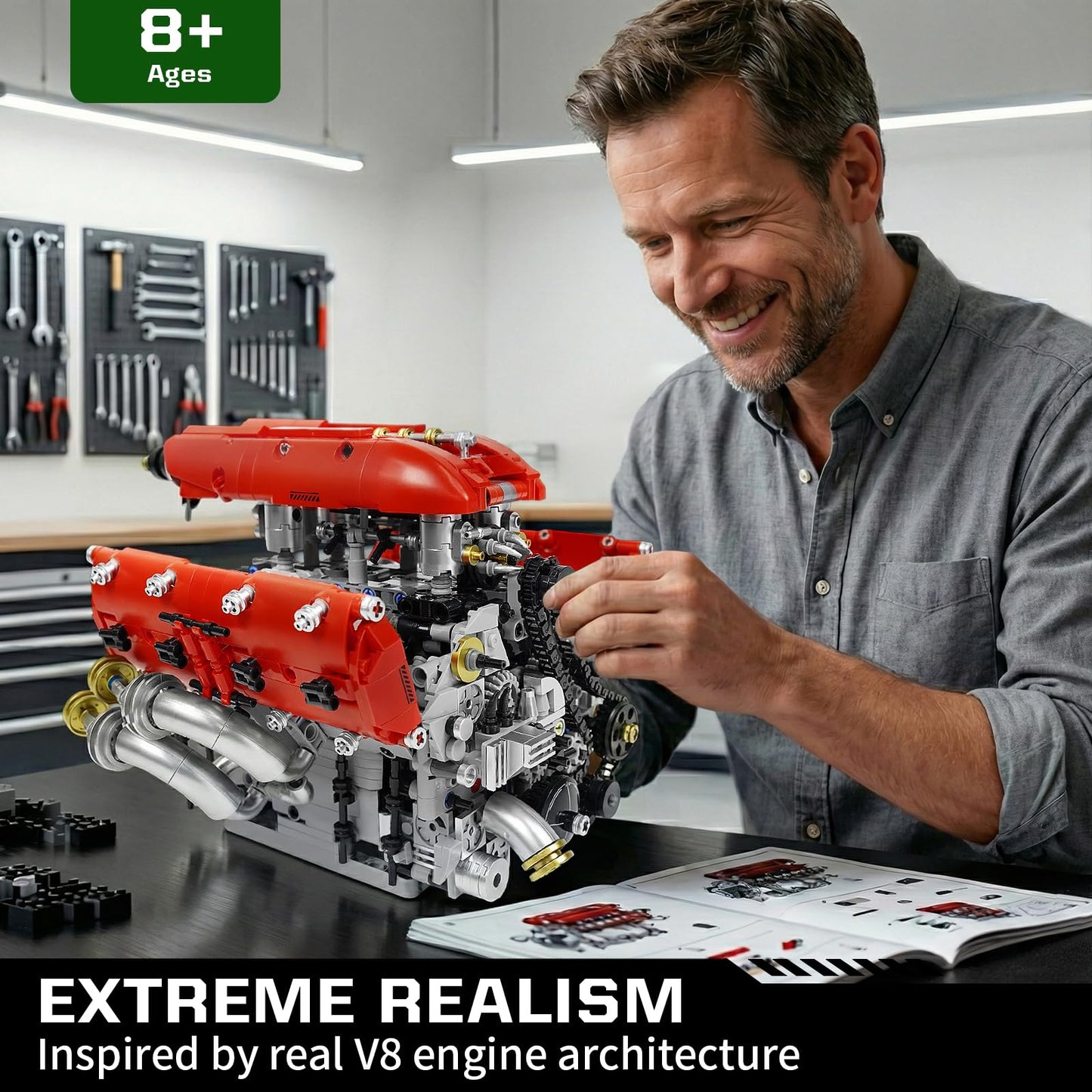 NEXTJOY V8 Engine Model Kit, Build Your Own Visible Car Motor, Advanced STEM Mechanical Building Block Set for Adults, Collectible Engine Model for Display, Desk Decor & Gift to Car Lovers