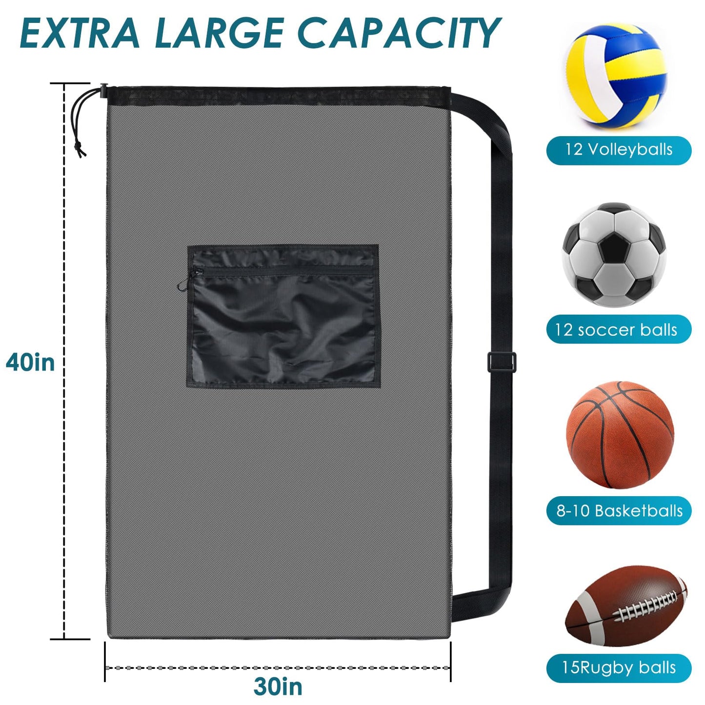 BROTOU 5PCS Extra Large Mesh Sports Ball Bags - Soccer Ball Bag Drawstring Bags with Shoulder Strap for Basketball, Volleyball, Swimming Gear (Black, 40"x30")