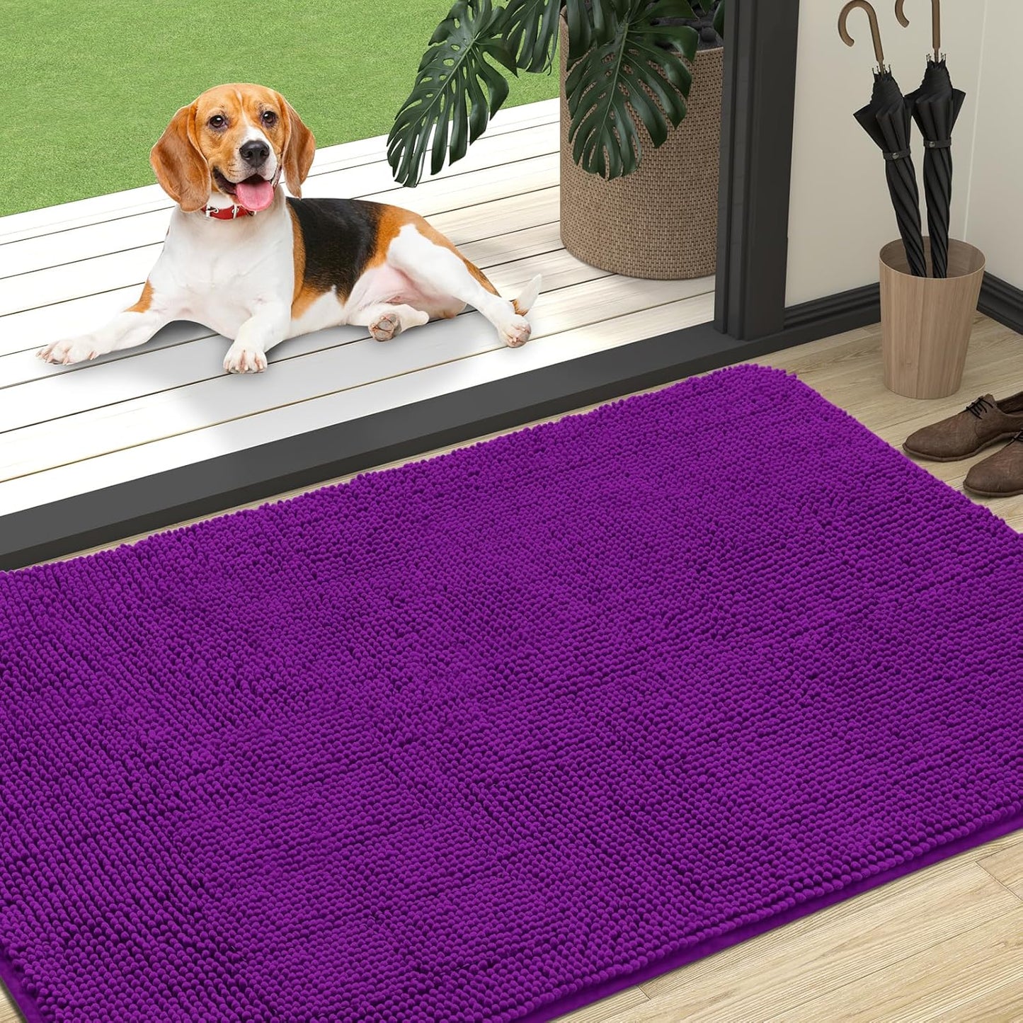 OLANLY Dog Door Mat - Absorbent Non-Slip Chenille for Muddy Paws | 47x32 Inches, Quick Dry, Purple