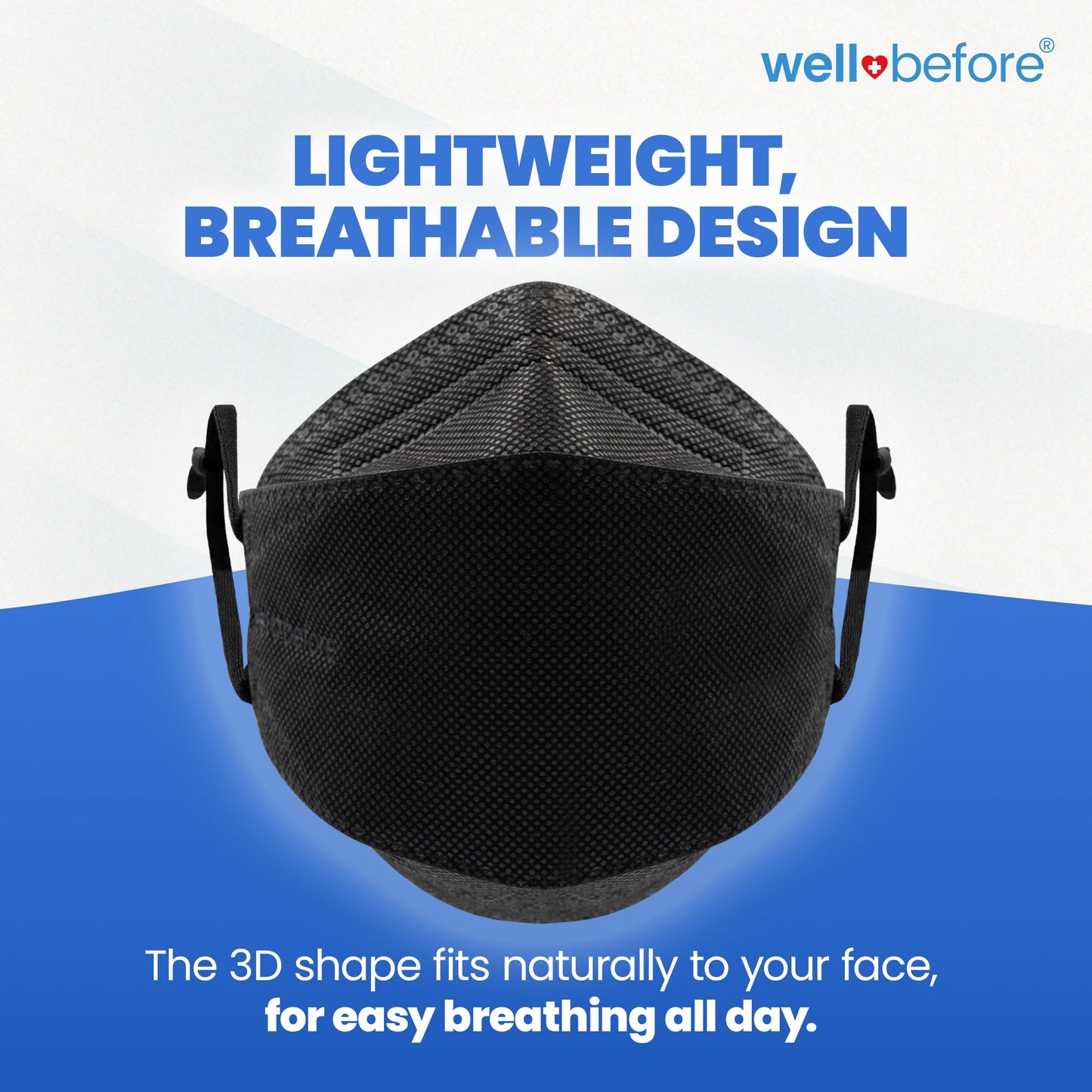 Well Before 3D KN95 Disposable Face Masks with Adjustable Ear Loops, Medium, Black, Pack of 50