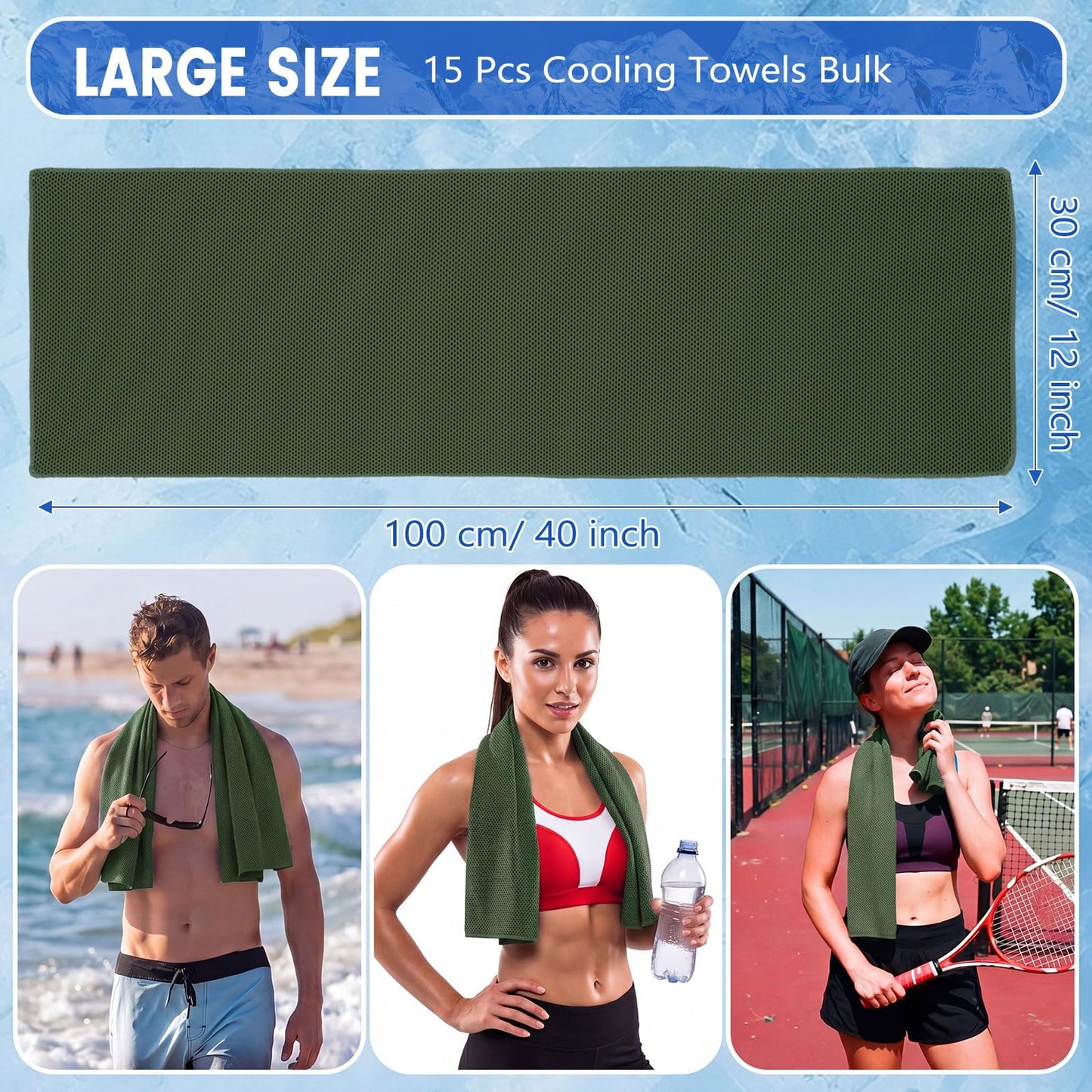 Hosuly 15 Pack Cooling Towels 40" x 12" Cooling Towels for Neck and Face Iced Towel Microfiber Soft Breathable Chilly Yoga Towel for Hot Weather(Olive Green)