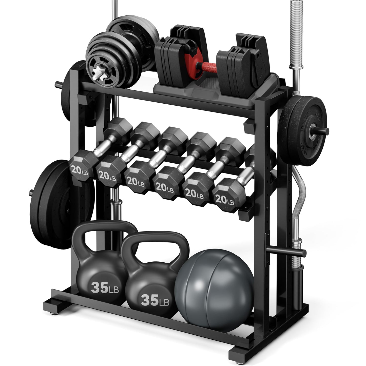 3-Tier Heavy-Duty Dumbbell and Plate Rack 1200LB Capacity, Adjustable Weight Storage Stand for Dumbbells, Kettlebells, Barbells & Weight Plates, Compact Multifunctional Organizer for Home Gym