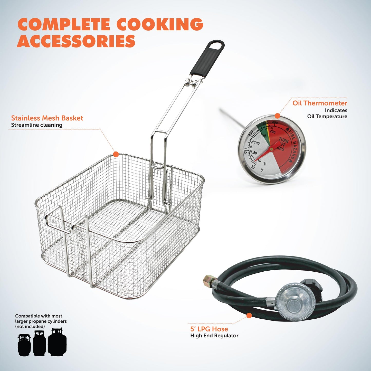 Flame King Proleo Tabletop Propane Deep Fryer with Oil Thermometer, 2.5 Gallons Capacity, with 5-FT Propane Regulator Hose