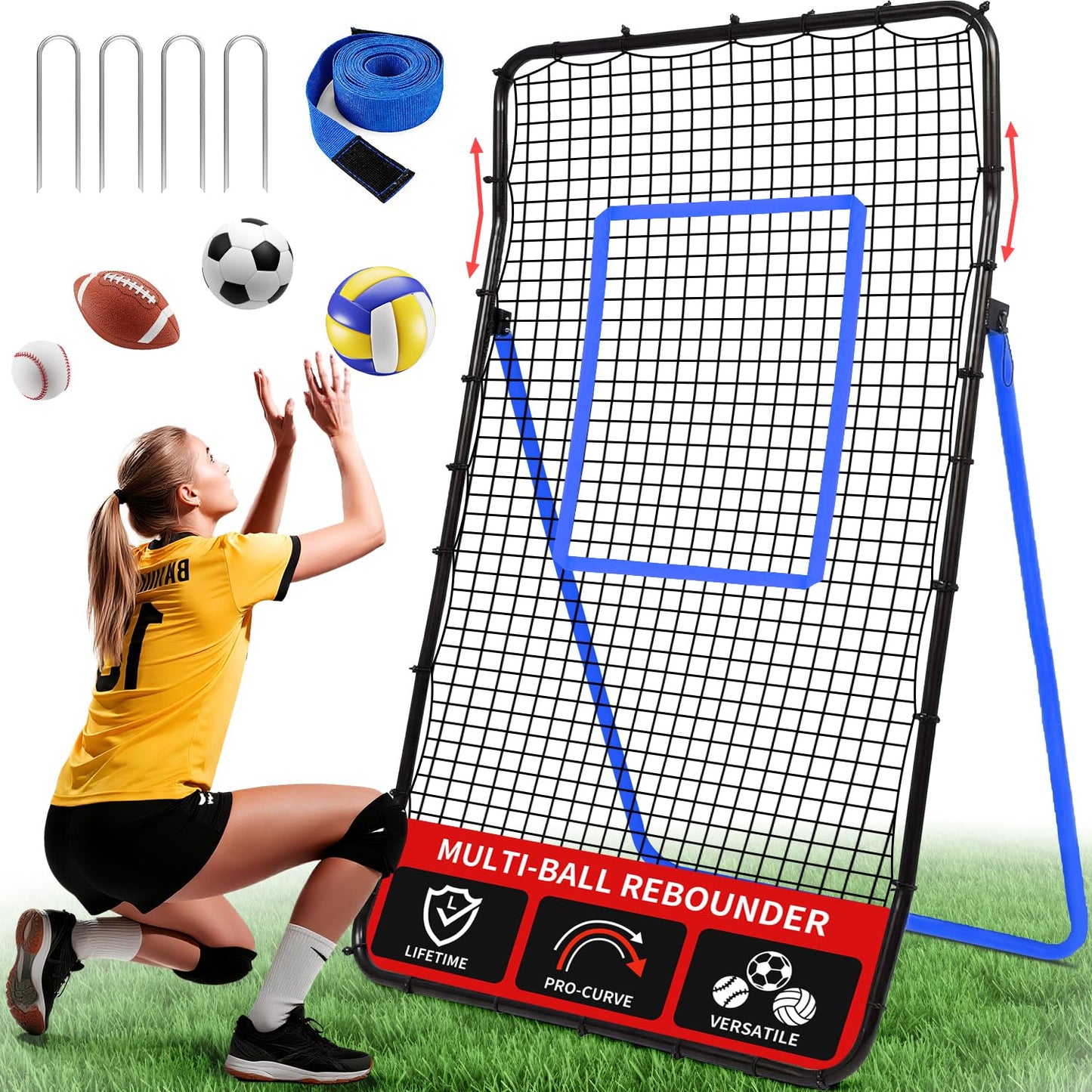BAGAIL Volleyball Rebounder Net 7x4 Ft, Bounce Back Training Equipment with Unique Curved Frame for Better Catching, 5 Adjustable Angles for Volleying & Spiking, Easy Set Up & Sturdy Base - Blue