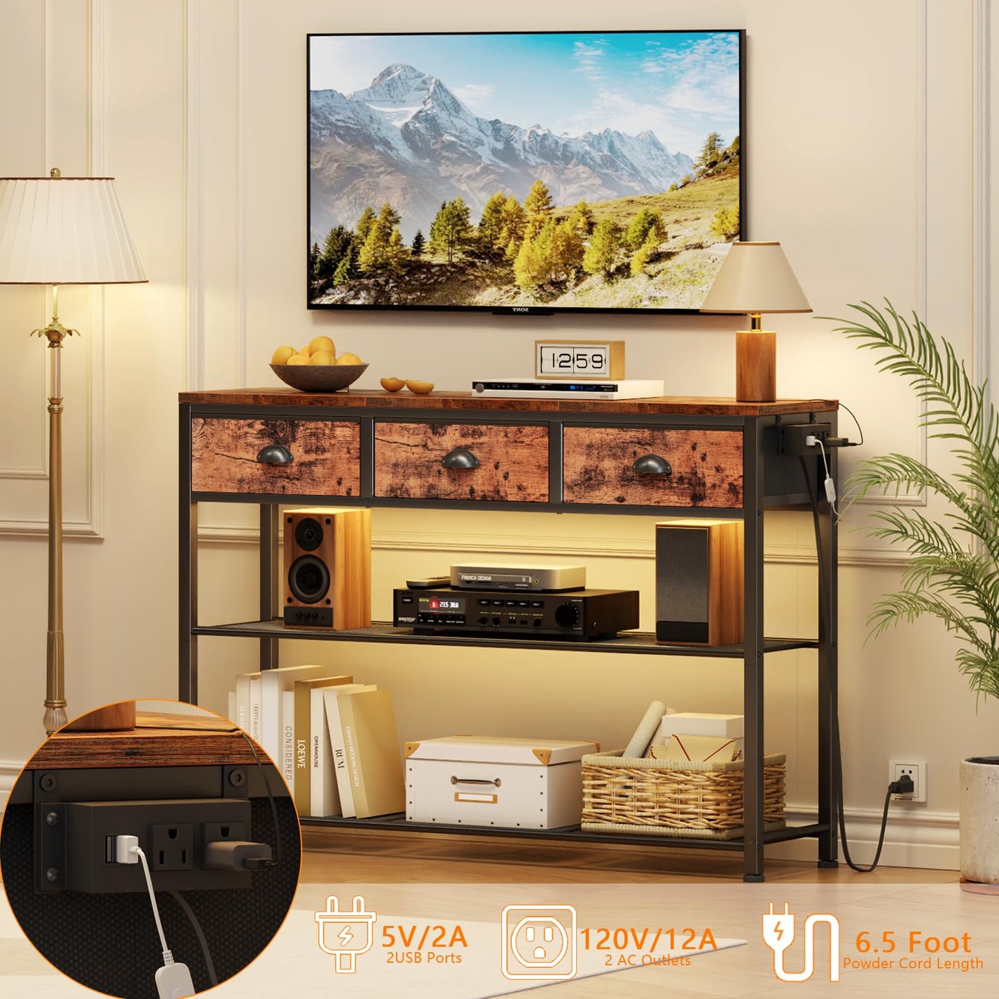 Furologee 5 Tier Bookshelf with Drawer & Console Table with Charging Station, 3 Drawers and LED Light