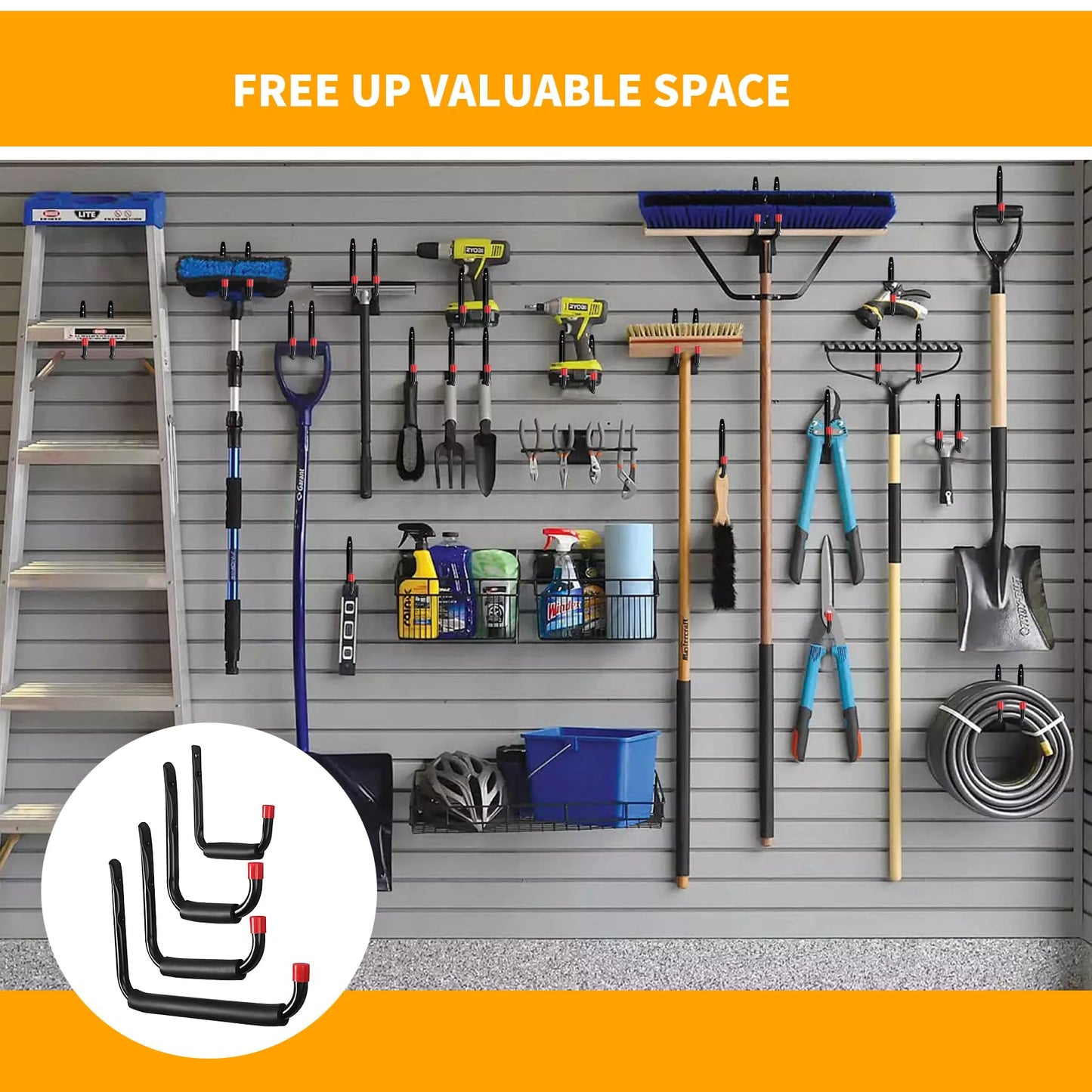 CRXCRC 6 Pack Garage Hooks Heavy Duty, Utility Steel Hooks with EVA Foam Padding, 15inch Wall Mount J Organizer Hanger for Hanging Bikes Kayak Garden Tool Hose Bike Shelf