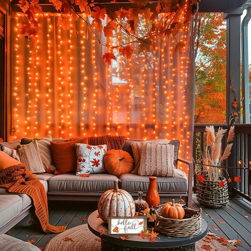 JMEXSUSS 300LED Orange Halloween Lights - 9.8x9.8ft Curtain String Lights with Remote | 8 Modes for Indoor/Outdoor Decor