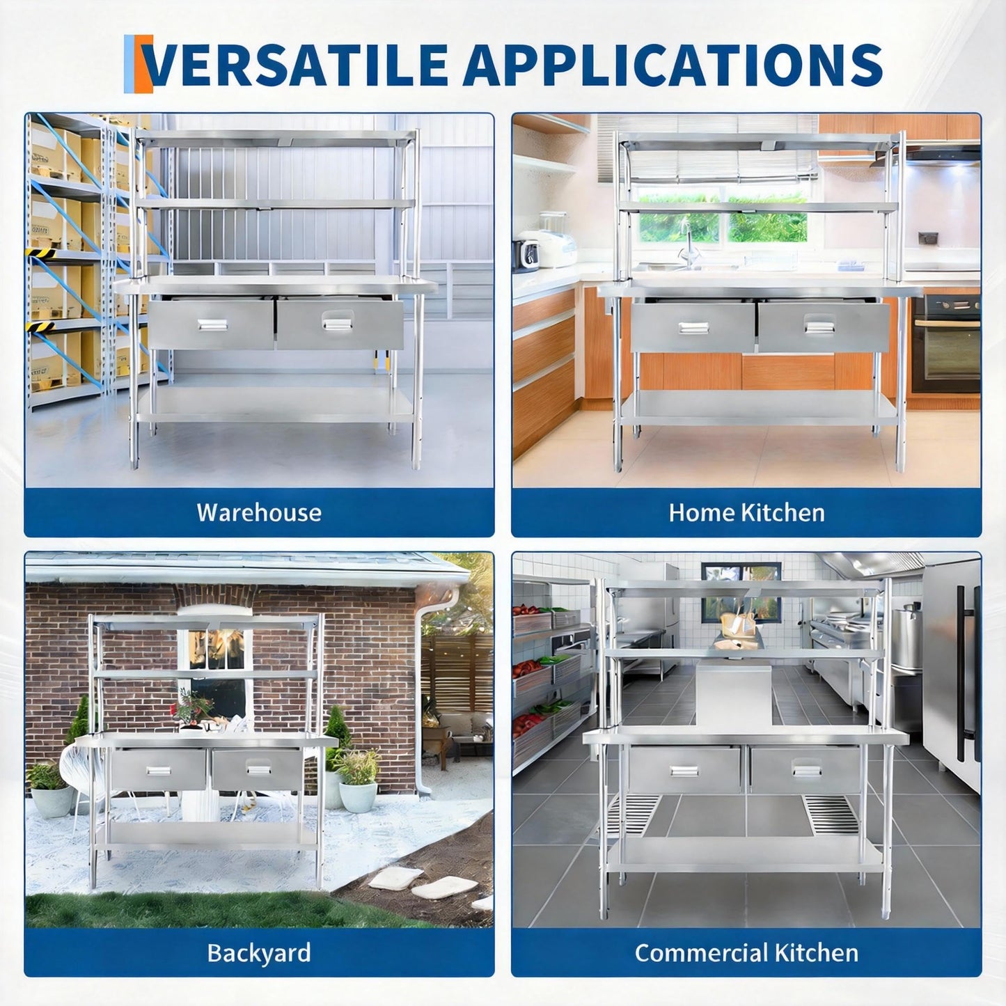 Stainless Steel Table with Overshelves and Drawers, 48" X 24" Heavy Duty Commercial Work & Prep Table with Adjustable Undershelf, Work Tables Workbench for Home Restaurant Kitchen Garage