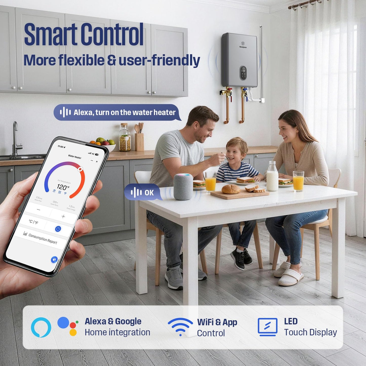 Westinghouse 18kW Electric Tankless Whole House Water Heater, 4.2 GPM Instant Hot Water on Demand, 240V, WIFI & Self Modulating High Efficiency, Copper Heating, LED Display, ETL Certified