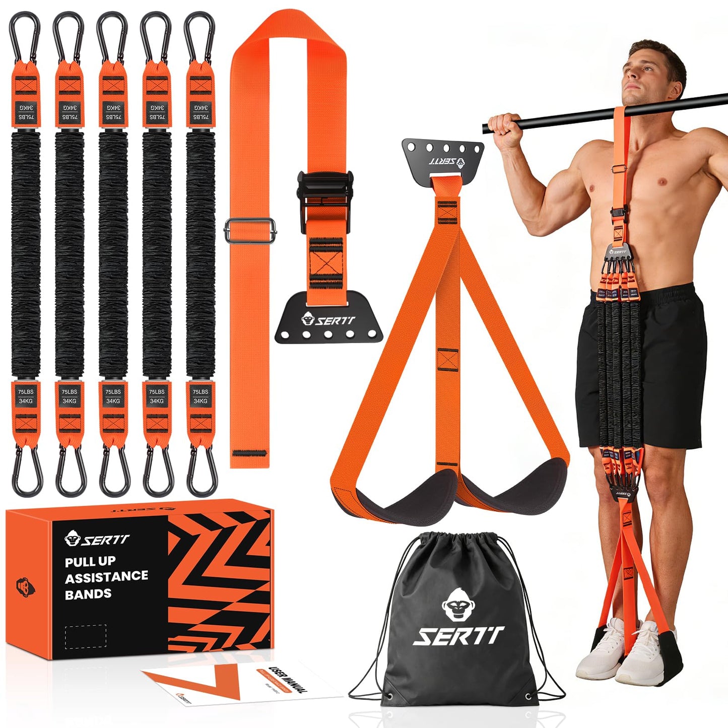 SERTT Adjustable Pull Up Assistance Band, Upgrade Pullup Assist Band for Pull Up Bar with 5 Heavy Duty Resistance Bands Support 375lbs (Orange)