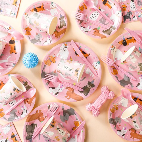 Jinei 350 Pcs Dog Birthday Party Supplies Pink Dog Tableware Set Serves 50 Guests Puppy Birthday Decorations Includes Pink Puppy Plates Cups Napkins Forks Knives Spoons for Party Supplies