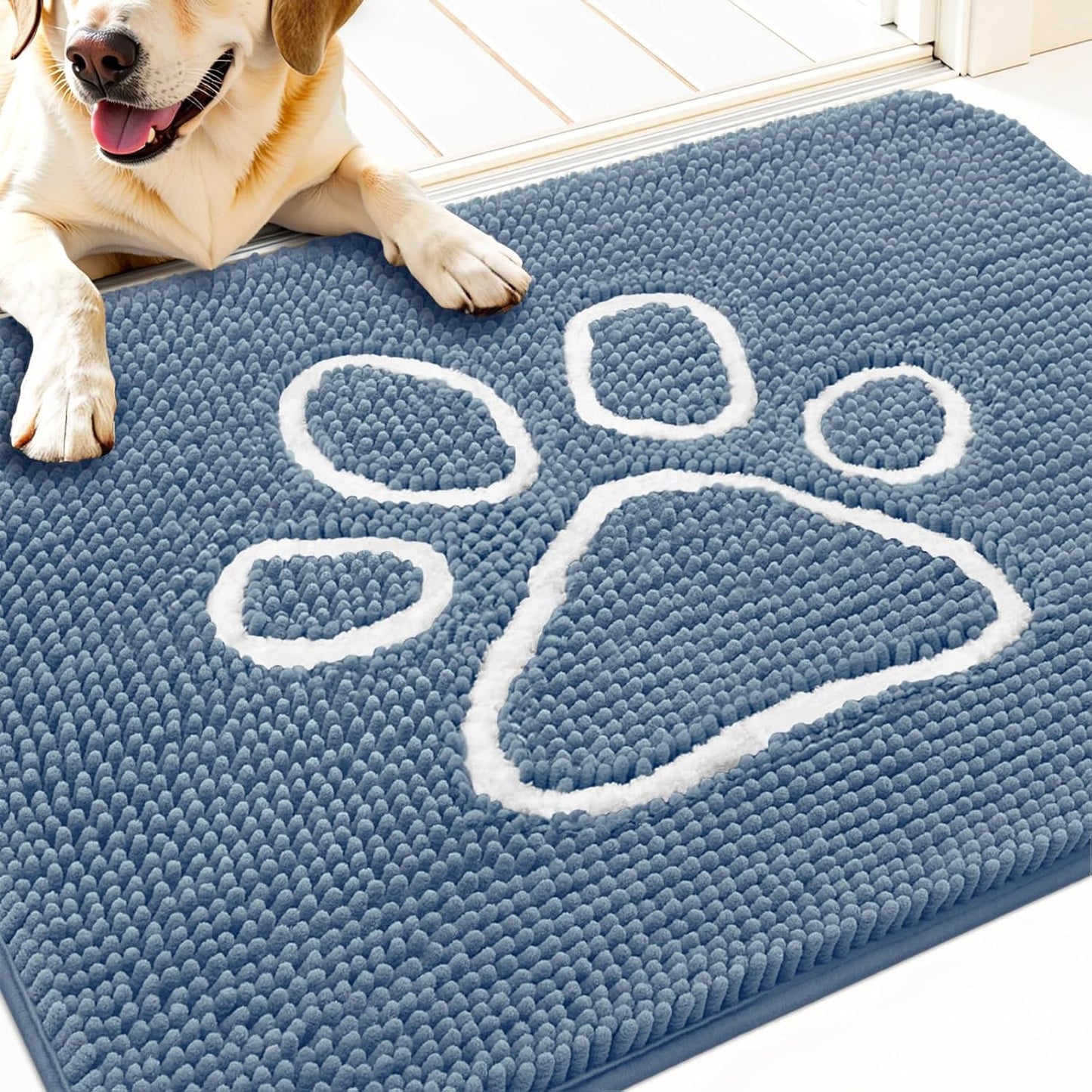 OLANLY Dog Door Mat - Absorbent Muddy Paws Doormat | Non-Slip Chenille, Quick Dry, 32x20, Airy Blue & White