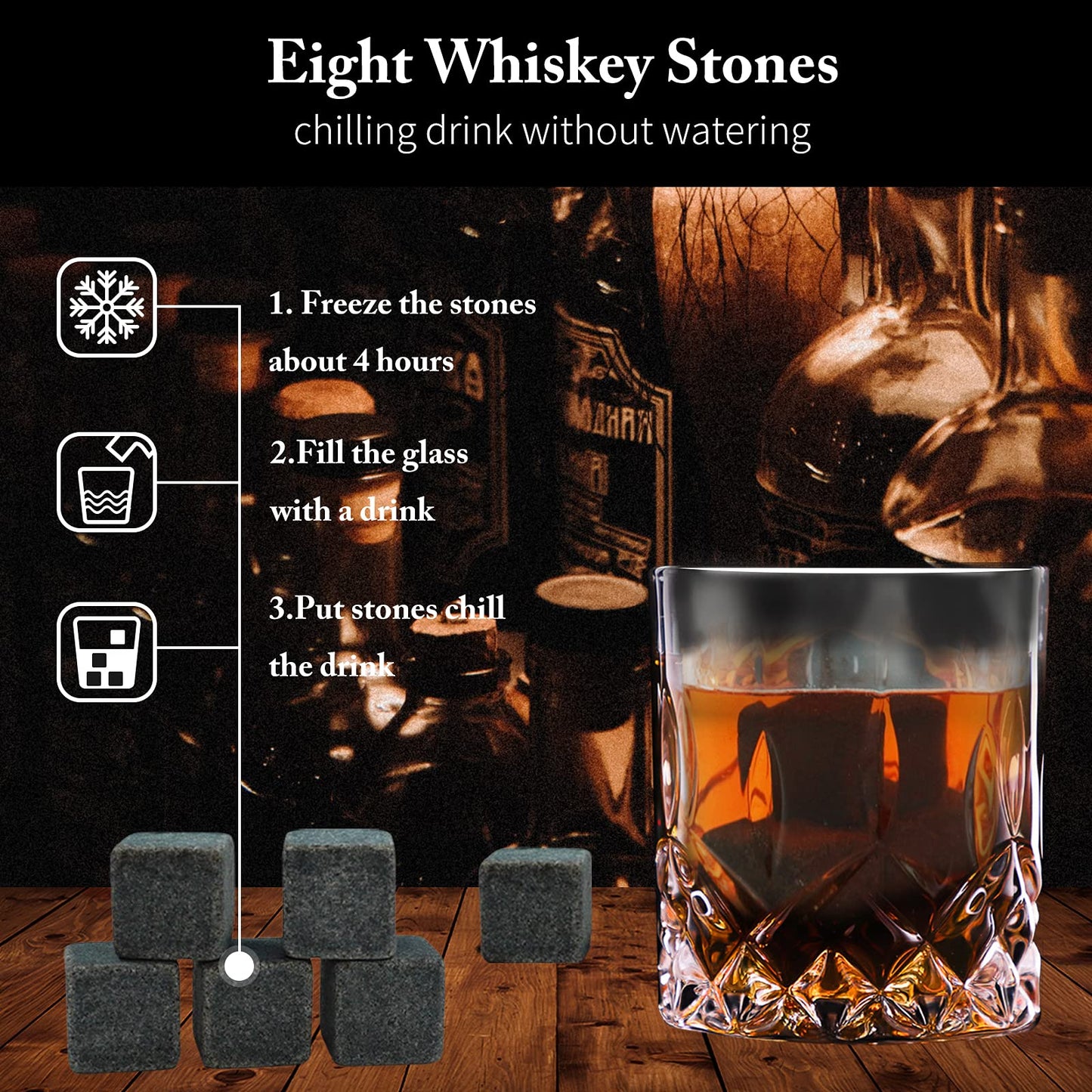 HEYPUB Whiskey Stones Gift Set,Whiskey Glasses Set 8 Granite Chilling Whisky Rocks, 2 Bourbon Glasses,Best Drinking Gifts for Men Dad Husband Birthday Anniversary Present，Plus 2 Free Coasters.