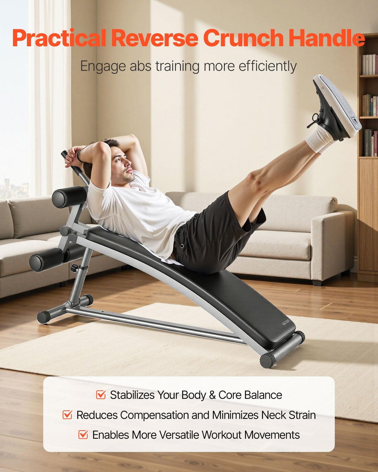VEVOR Sit Up Bench, Curved Decline Ab Bench with Reverse Crunch Handle, with 6 Adjustable Height Setting, Heavy Duty Steel, 600 Lbs Capacity for Home Gym Workouts, Strength Training, Full Body Muscles