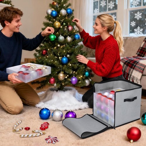 BALEINE Christmas Ornament Storage Box - Premium Holiday Container with Dividers for 64 Balls | Green Soft Design