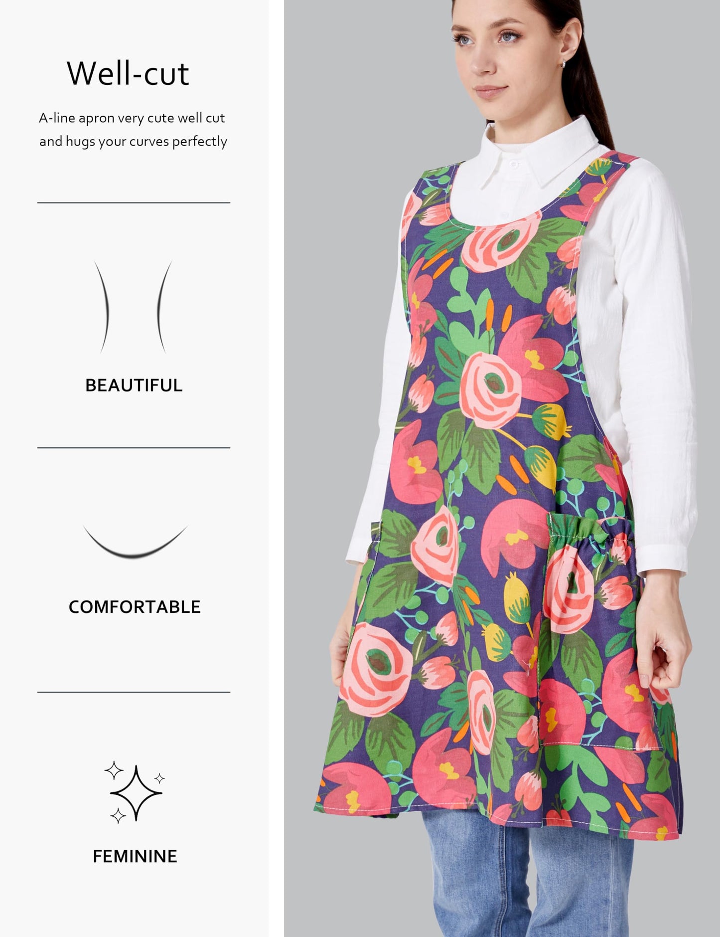 OCXXMME Adjustable Easeful Cross Back Aprons for Women Floral Aprons with Pockets Cotton Linen Blooming Tulips
