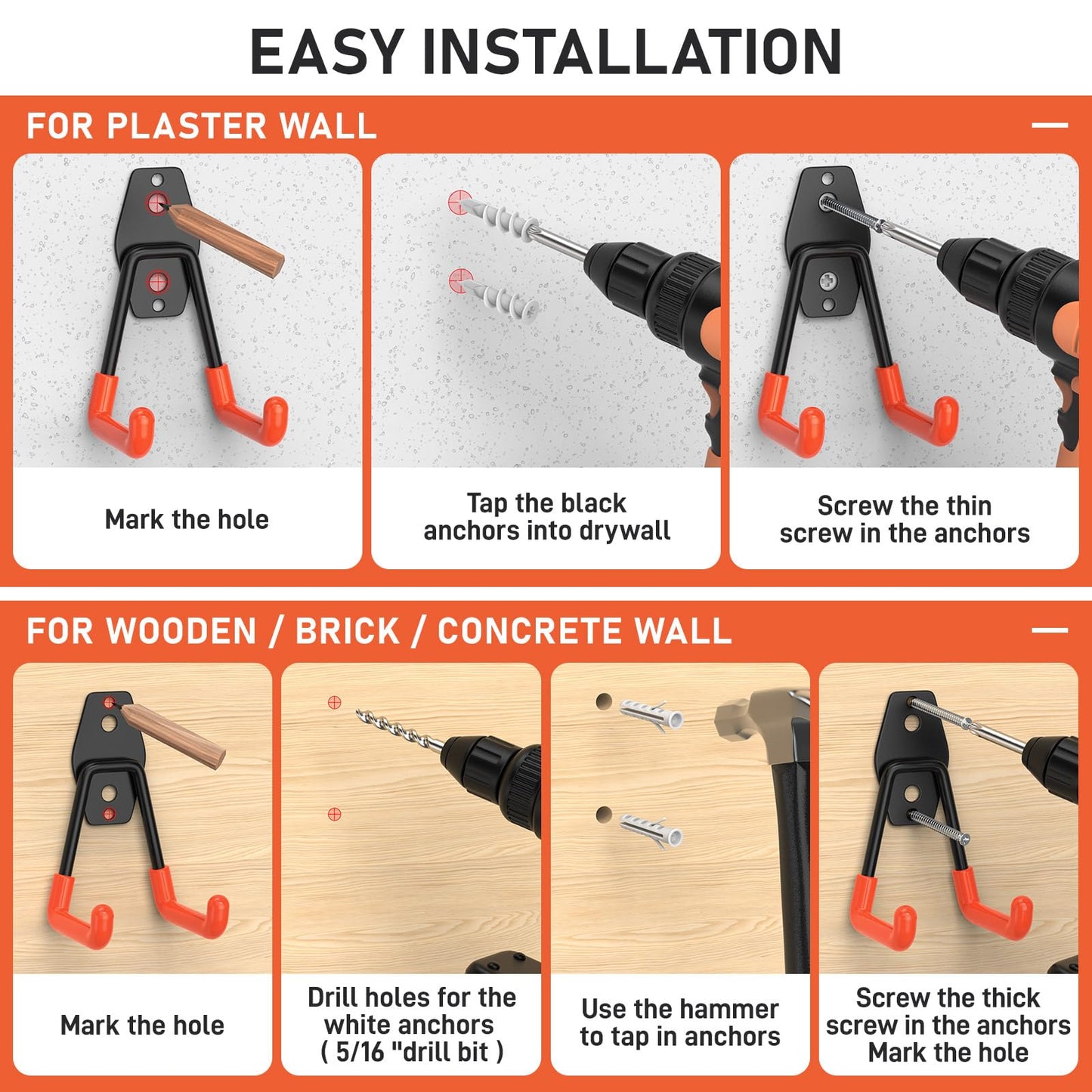 Cpais Garage Hooks with Anti-Slip Coating,Heavy Duty Wall Mount Storage Hooks for Hanging Bike,Hose,Ladder,Yard,Garden Tools (30 Pack Orange)