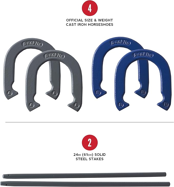 Franklin Sports Horseshoes Sets - Metal Horseshoe Game Sets for Adults + Kids - Official Weight Steel Horseshoes - Beach + Lawn Horseshoes Sets - Sets Include (4) Horseshoes and (2) Ground Stakes