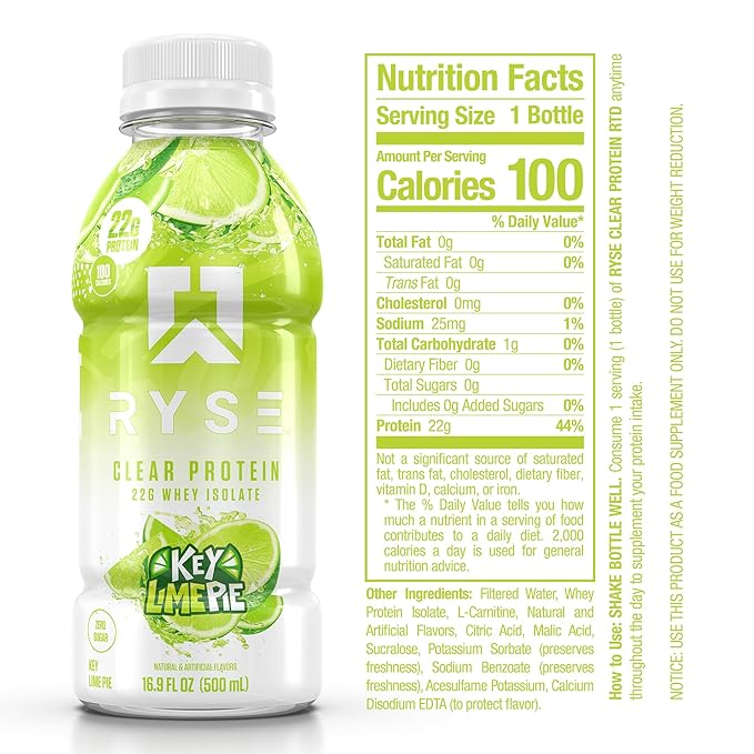 RYSE Clear Protein Shake - Key Lime Pie - 100 Calories, 22g Whey Isolate Protein, Sugar-Free, 0g Fat & Lactose-Free - Refreshing Ready-to-Drink Beverage - 16.9 fl oz Bottles (12-Pack)