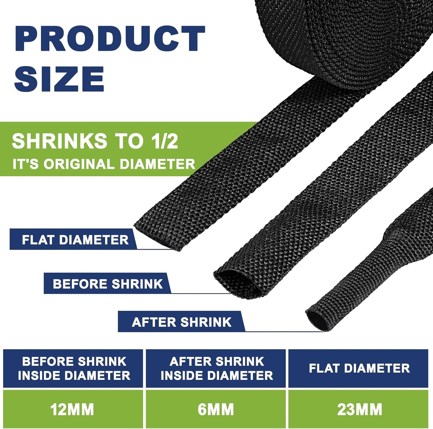 Tsmhisd 2:1Heat (1/2"-12ft) Shrink Wire Loom Braided Cable Sleeves,Heat Resistant Fabric Woven Shrink Tubing Wiring