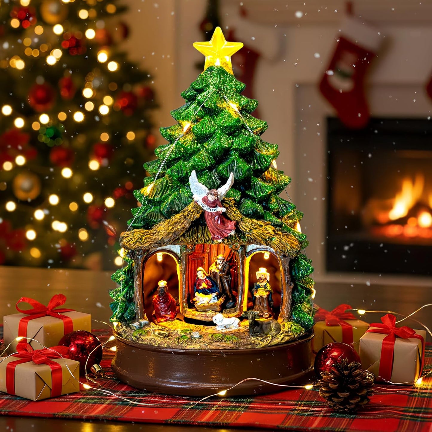 Regine Switzerland Christmas Tree Nativity Scene - Lighted Animated Angel Family Figurines | Musical LED Decor for Home