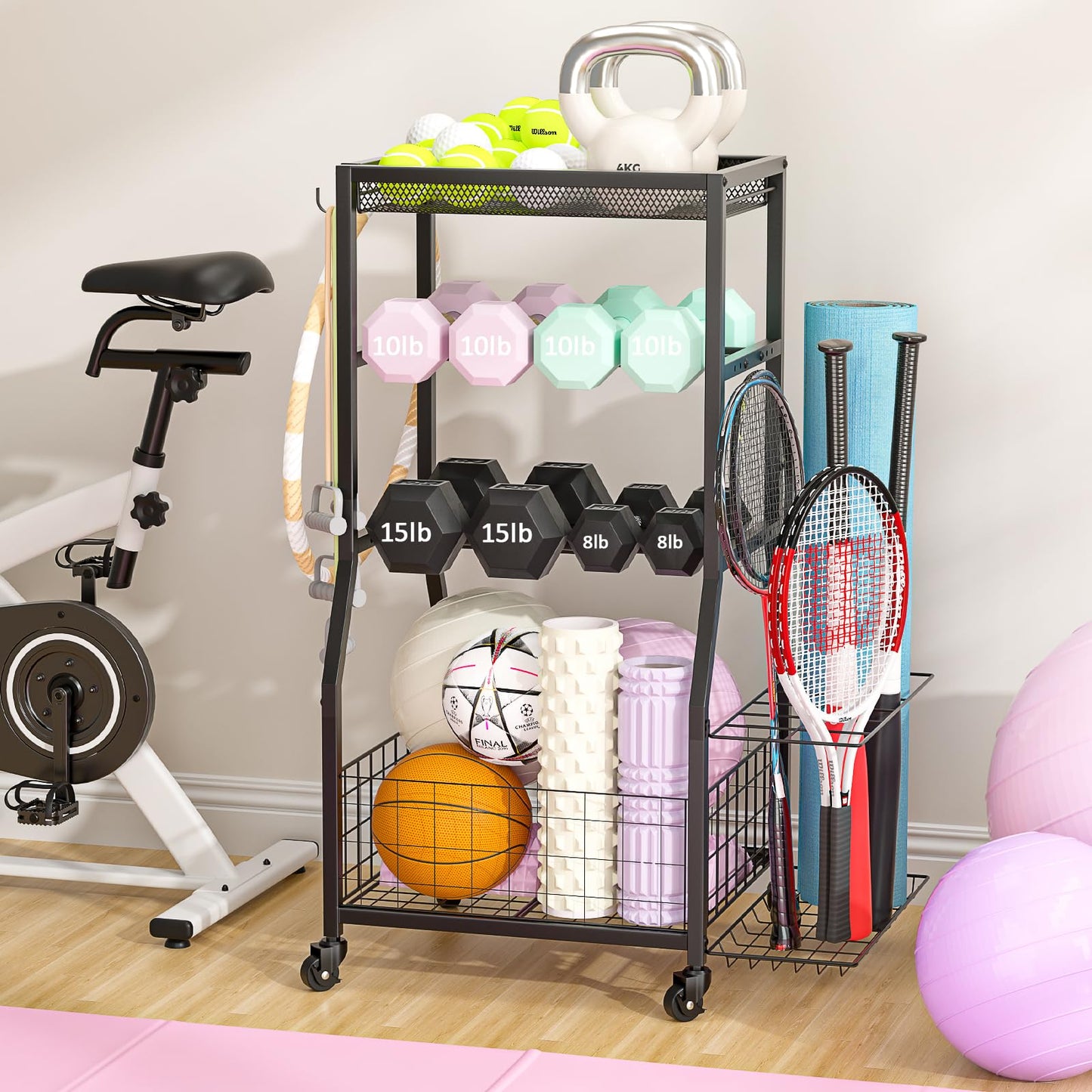 ThreeHio Home Gym Storage Rack, Dumbbell Rack with Yoga Mat Storage, Weight Rack Stand with Lockable Wheels and Hooks, Home Workout Equipment Organizer for Yoga, Dumbbell, Kettlebells, Ball Storage